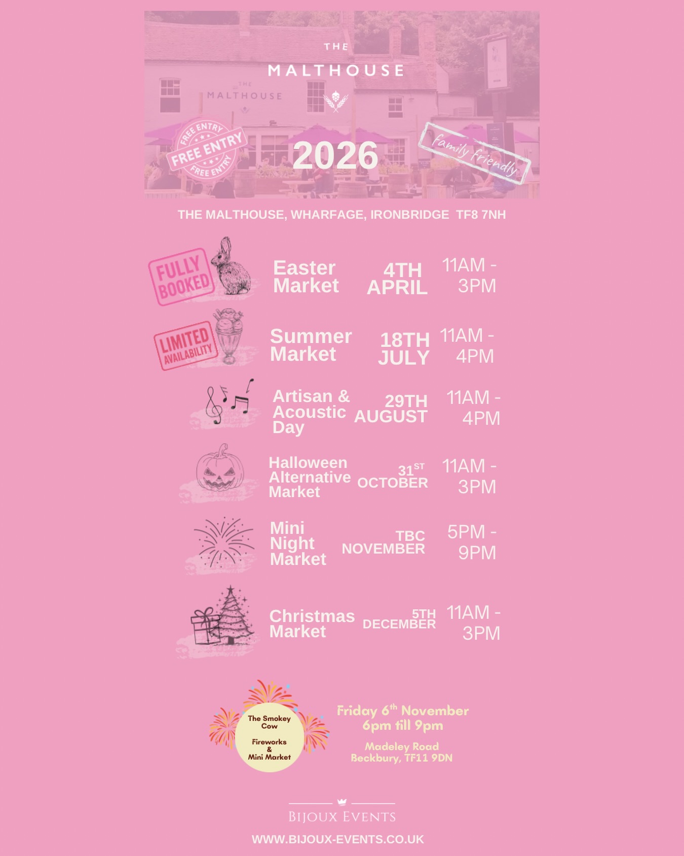 We’re delighted to be working alongside Craft & Jam across various dates throughout 2026 at The Malthouse and The Smokey Cow.
It’s always lovely to collaborate with like-minded venues who are passionate about creativity and supporting independent businesses and we’re looking forward to bringing something a little special to these events together.
If you’re an independent maker or creative small business and would like to be considered for these collaborative dates comment below, message us or apply via our website!
#ironbridge
#craftfairs
#craftandjamvenues
#bijoux_events_ltd