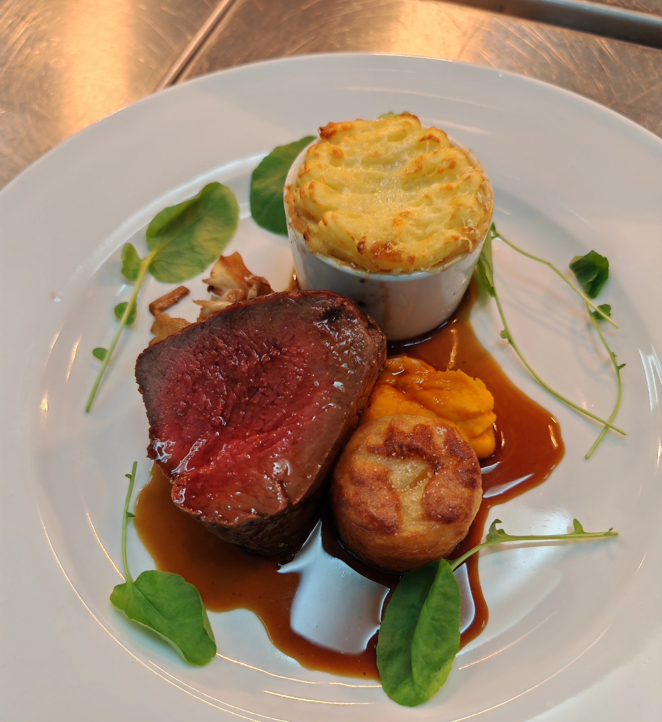 We don't do it often, so when we do it's worth a picture 🙂 Fillet of Yorkshire Beef, Oxtail cottage pie, sautéed wild mushrooms, mini fondant potato, red wine jus. #yorkcaterer #eatyorkshire #eatlocal #wedding #yorkshiremeat #delicious
