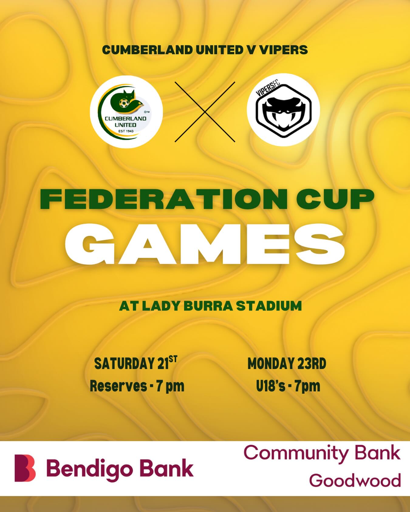 ~ Federation Cup Games ~
Over two nights our Reserves & U18’s take on Vipers FC in the Federation Cup at Lady Bura Stadium.
Game Details
Saturday 21/2 - Reserves KO 7pm
Monday 23/2 - U18’s KO 7pm
We look forward to seeing all our Foxes there! Thanks to our 2026 season sponsors @communitybankgoodwood for their support 🙌🏻
#cufc #cumberlandfc #greenandgoldforever #cumberlandunitedfc
