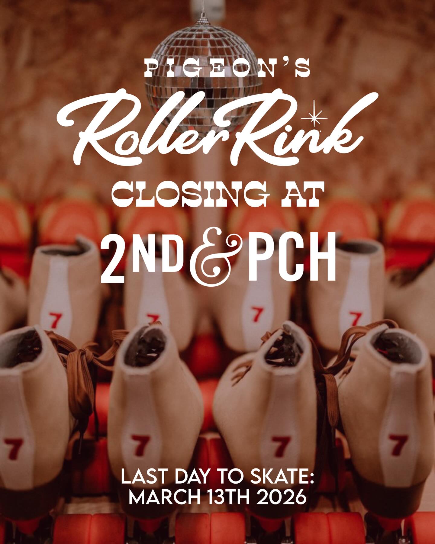 **TRANSPARENCY UPDATE** City of LB contacted us and they allegedly put no pressure on 2nd & PCH and it was in fact the landlord’s decision to complete this construction**
We’re heartbroken to share that we are being forced to close our Long Beach roller rink at 2nd & PCH.
After nearly five incredible years operating in our open-air space, the City is now enforcing the original construction permits that require the unit to be enclosed as a standard retail space. Construction to convert the space will begin this spring.
This is a huge loss for our community…but it’s not the end of our story.
✨ We are actively looking for a new LOCAL home in the LBC — and we need your help spreading the word.
Roller rinks require a lot of square footage, and traditional corporate lease rates simply don’t work for a community-driven space like ours. Instead, we operate on a revenue-share model with landlords…a model that works beautifully in areas that need activation. We bring thousands of skaters through our doors every month, and our customers don’t just skate…they shop, dine, and support neighboring businesses. It’s a win for landlords, cities, and local businesses alike.
If you know of a space in Long Beach that needs energy, movement, and community…send them our way.
💛 Membership Updates:
All memberships will have payments halted and subscriptions canceled, but you can continue skating until our final day. Email rink@pigeonskates.com for questions.
🛼 Closing Sale:
All rink merchandise will be 30% off at the counter starting March 1st. You can also own a bit of rink history by purchasing a pair of rental skates from our online skate shop at pigeonskates.com.
A massive thank you to the management team at 2nd & PCH for believing in us.
And to the LBC — our home. 💕
We opened our roller skate shop on 4th Street in the early 2010s, and it has been the most joyous, wild, and yes, bloody-kneed adventure of our lives. You can still visit us at 2148 E 4th St.
Long Beach isn’t just a world hub for action sports, it is truly Roller Skate City USA.
People don’t come here to skate,
The people who live here skate!
We will never be done rolling. 🛼