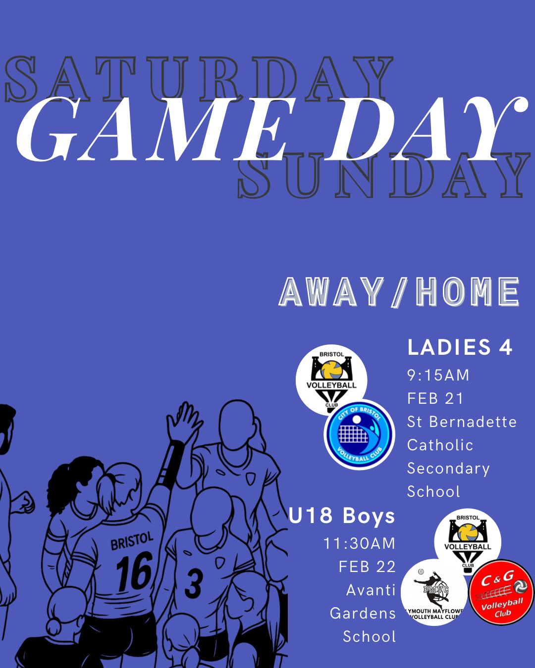 💛 Game Day 💙
Another big weekend ahead for BVC with teams competing both at home and on the road 💪 From league clashes to junior action, our players are ready to bring the heat!
🏐 Away
📅 Saturday 21 Feb
Ladies 4 — B&D League
🏐 Home
📅 Sunday 22 Feb
U18 Boys — SW League
🏐 Away
📅 Saturday 21 Feb
Girls Progression & Competitive Squads — SW 6v6 Tournament (Round 4)
🏐 Away
📅 Sunday 22 Feb
Ladies 1 — NVL Division 1
Best of luck to everyone stepping on court this weekend, trust your training, back your teammates, and give it everything 💥
.
.
.
#WeAreBVC #BristolVolleyballClub #BVCGameDay #VolleyballEngland #BristolSports