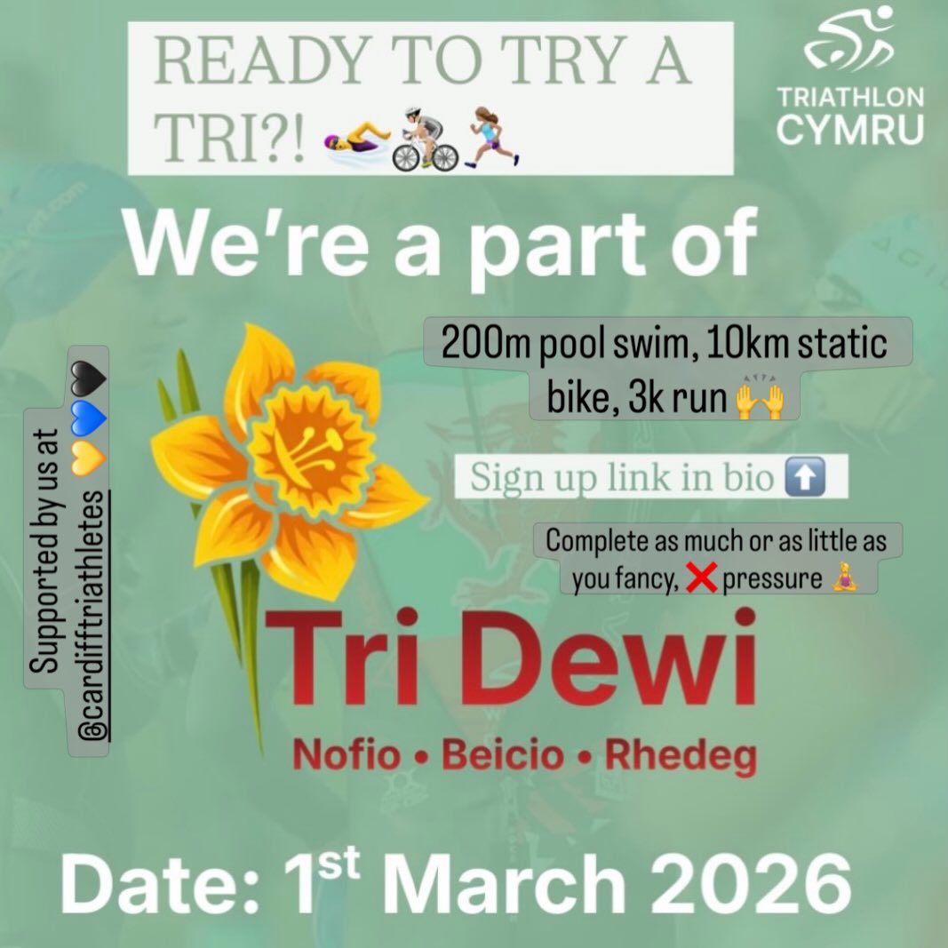 Still places up for grabs at our inclusive Tri Dewi event at @eastern_leisure_centre on 1st March 🌼
Come along and join us!! You can choose to complete as much or as little as you want to 🤩
✅ Fun
✅ Guaranteed medal 🏅
❌ Pressure
It’s a great way to get active & dip your toe into the triathlon arena and see what it’s all about! Don’t miss out 🤩
💛💙🖤
#cardifftriathletes #tridewi #triathlontraining #dydddewisant