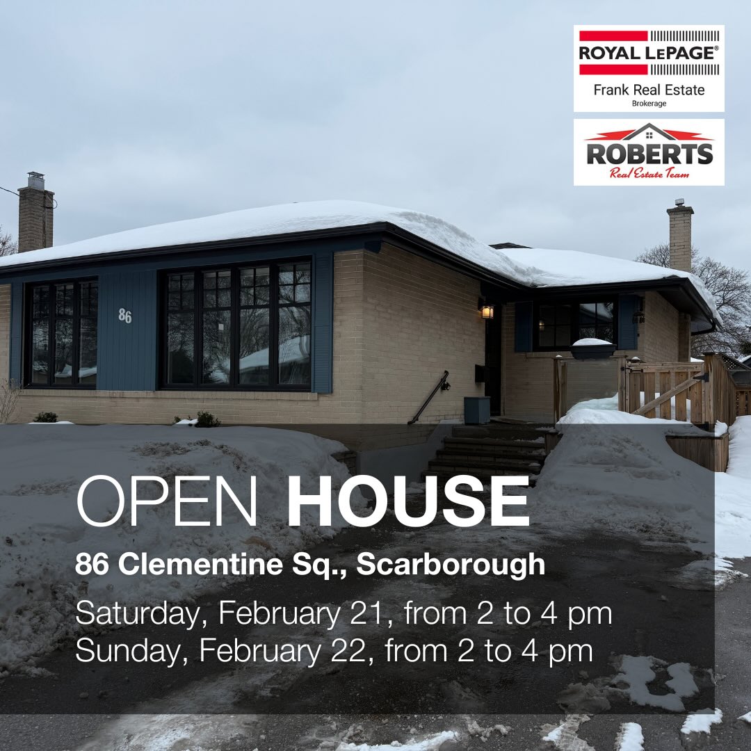 🏡✨ OPEN HOUSE THIS WEEKEND ✨🏡
86 Clementine Sq., Scarborough
Join us Saturday & Sunday from 2–4 PM to tour this beautifully maintained brick bungalow offered at $899,900.
Featuring:
✔ 3+1 bedrooms
✔ 2 full bathrooms
✔ Separate entry with in-law suite potential
✔ Accessibility-friendly widened doors and hallway
✔ Newer shingles, windows & entry door
Whether you’re looking for space, flexibility, or long-term value — this home is one you won’t want to miss.
📍 Stop by this weekend or message us for more details!
#TheRobertsTeam #RoyalLePageFrank #OpenHouse #DurhamRegionHomes #HouseHunting