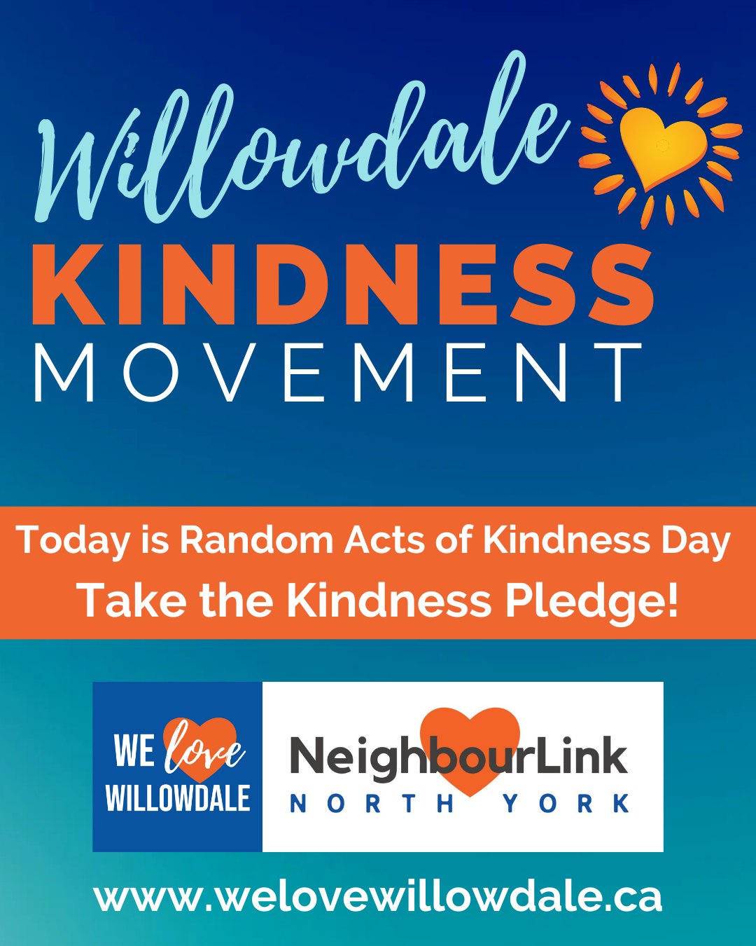 Happy International Random Acts of Kindness Day!
We encourage you to be the bright spot in someone’s day and do an act of kindness for a friend, loved one, neighbour, classmate, coworker or complete stranger! We’ve included 10 acts of kindness to inspire you!
First, head to www.welovewillowdale.ca and “Join the Willowdale Kindness Movement”! Take the pledge to commit to your act of kindness! It takes just one minute. Will you help us get to 1000 acts of kindness?
We invite you to pay a meal forward through our Nourish A Neighbour Program at one of our participating restaurants (@yongecafe , @havenbrews and Belle Restaurant & Bar) or donate a non-perishable to one of our February food drives:
- @alternasavings (6002 Yonge St)
- @lansingunitedchurch (49 Bogert Ave) Monday-Saturday from 8am-10pm
- St. Edward the Confessor (75 Churchill Ave)
- Tuft's Your Independent Grocer (3259 Bayview Ave)
You can share stories with us about acts of kindness you’ve done, received or witnessed in the comments
Let’s continue to make kindness the norm in Willowdale!
“No act of kindness, no matter how small, is ever wasted” - Aesop
Learn more about Nourish A Neighbour at www.neighbourlink.org/nourish
#kindness #randomactsofkindness #randomactsofkindnessday #willowdale #neighbour #community #northyork #toronto #kind #support #generous #love #neighbours