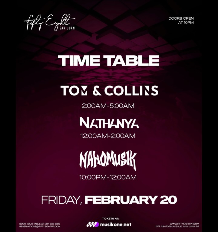 Here’s the official timetable ⏰ — arrive early because the #Musikone vibes start at 10PM and we close the night with a 3-hour set by @tomandcollins 🔥
Soundtrack of the night: @kendricklamar – HUMBLE (Tom & Collins Remix) 🎶
Last tickets available: https://musikone.net/tomcollins
#FiftyEight #TomAndCollins