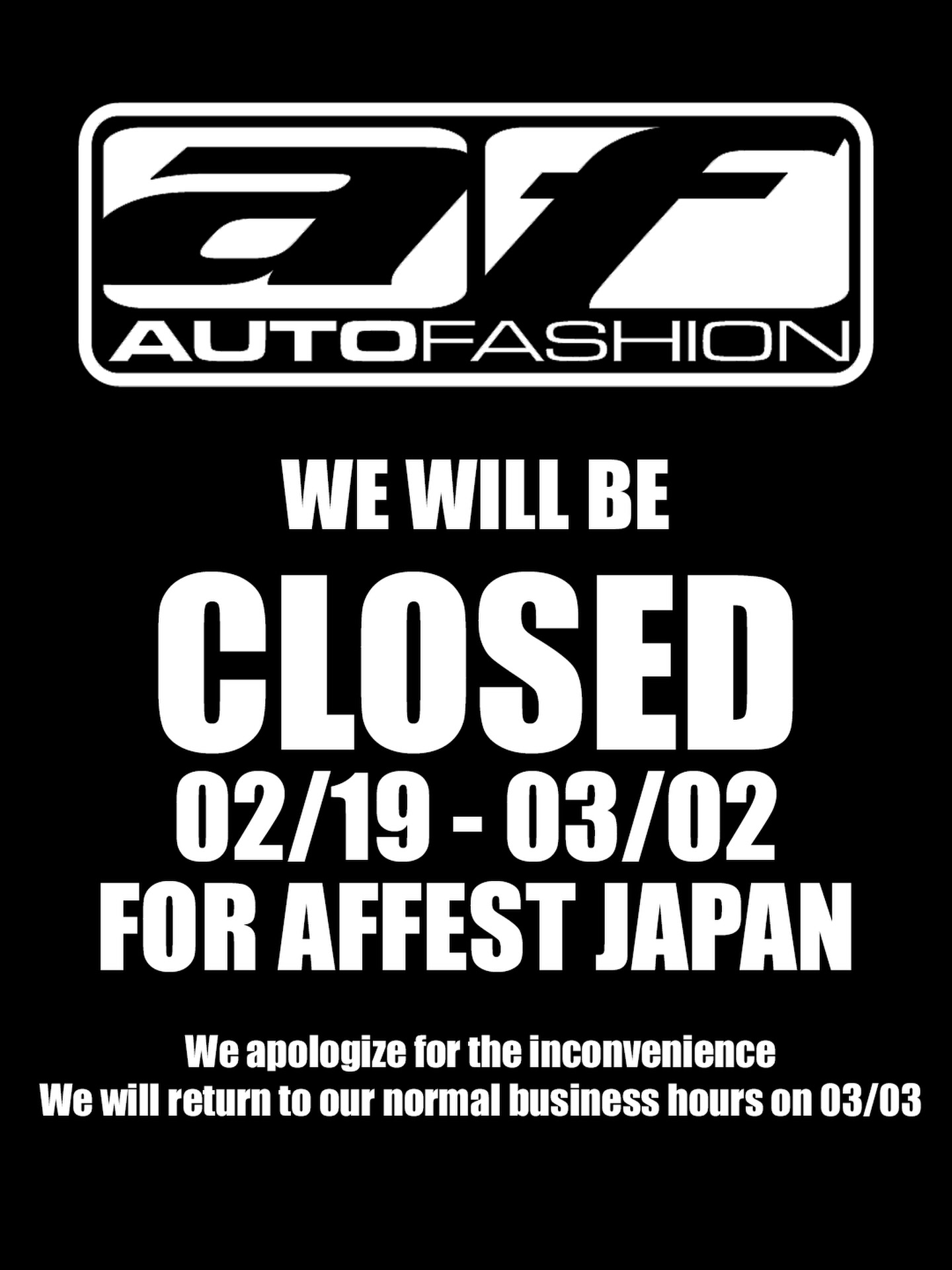 The shop will be closed as we will be in Japan for the next week and a half to throw our @af_festival event in Japan! We apologize for any inconvenience. We will be back on 03/03.
Thank you!