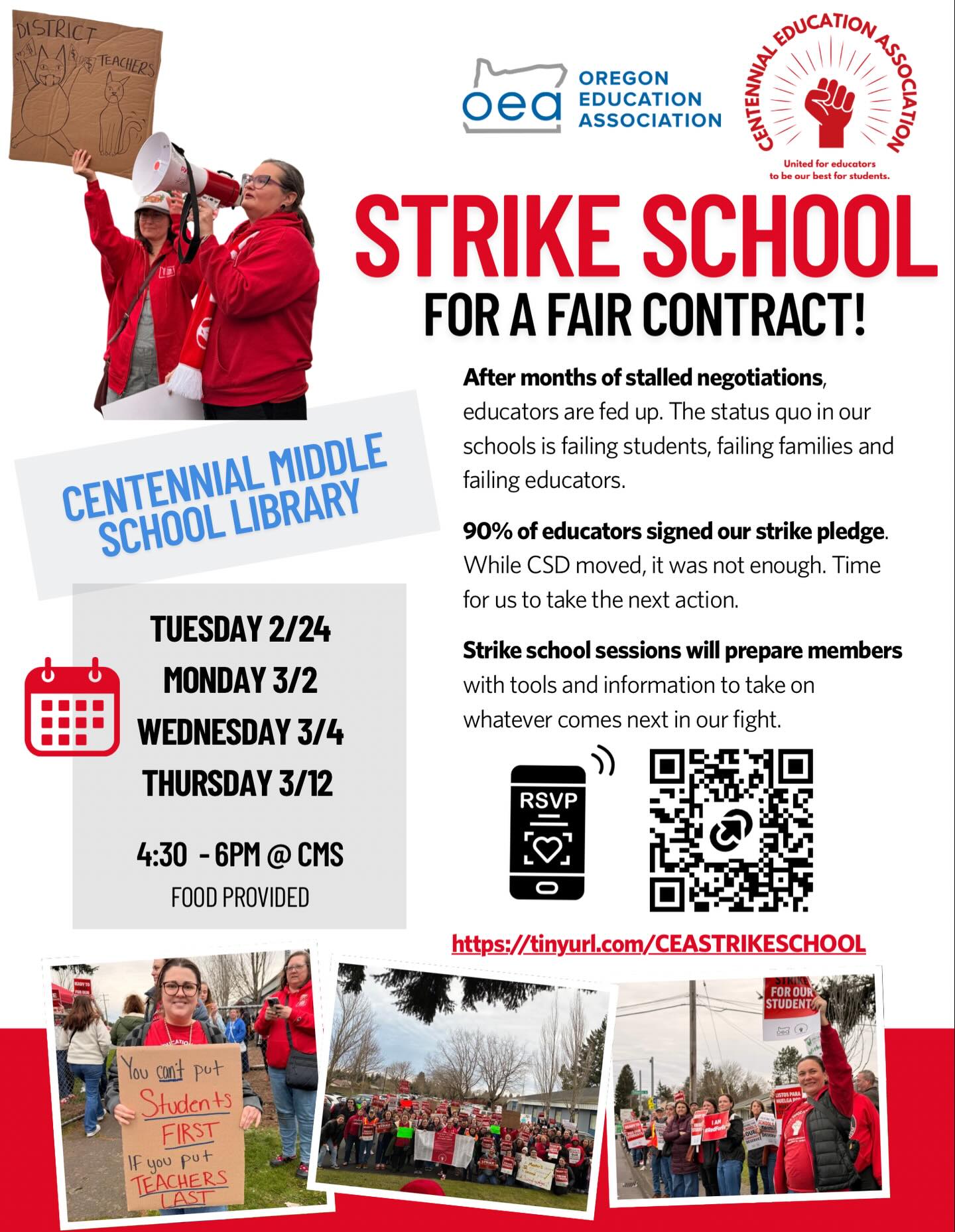 Are you ready for the next action? RSVP to attend a strike school. (Link in Bio)
ALL CEA members should plan to attend one of the strike school sessions happening in the next 3 weeks. These gatherings give us time to be clear on where we are at with negotiations and what comes next. This is a great opportunity to get questions answered and build solidarity to win a fair contract!