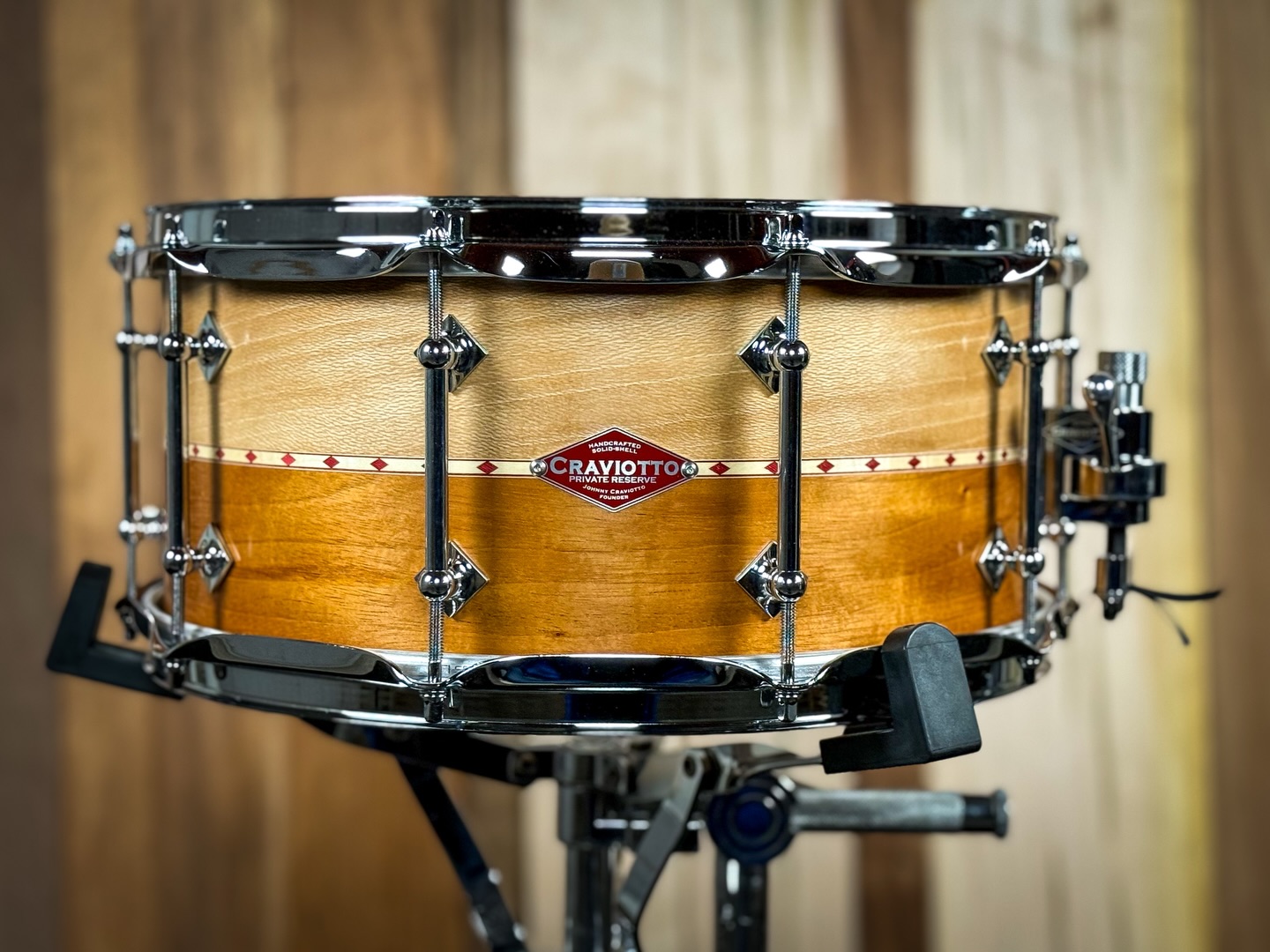 Private Reserve 6.5x14 Sycamore/ Mahogany with Red inlay. With 45 degree bearing edges and finished in satin oil.