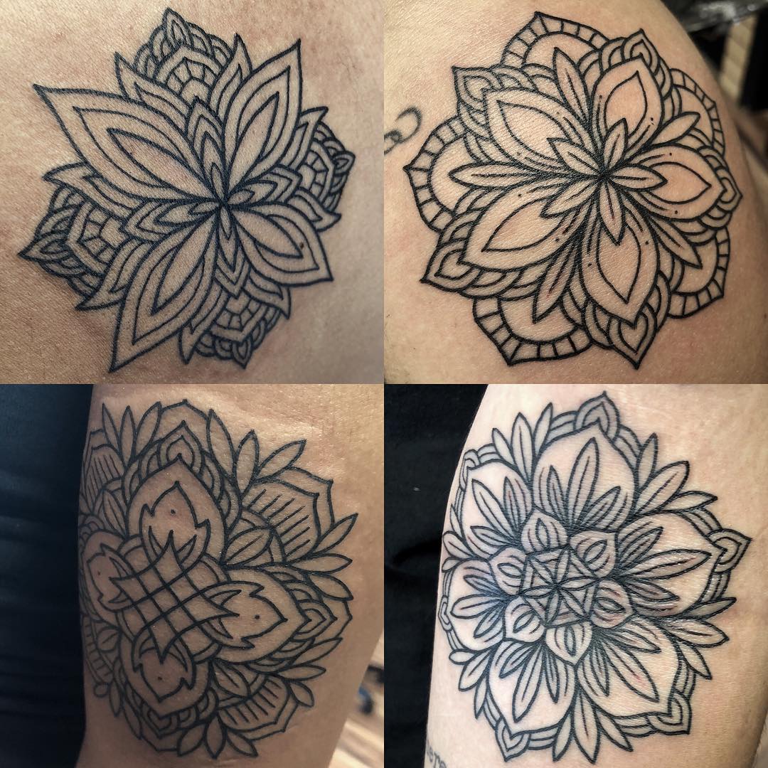 4 of the lined Ornaments. Great for working on my line work #visalia #aaronleroi #tattoo #blackwork #dotwork #lemoore #mandala #mandalatattoo #mandaladesign #mandalaart #mandaladrawing #dotworkmandala #dotworktattoo #blacktattooart #geometrictattoo #Visaliatattoos #tularetattoo #tzedakahatelier