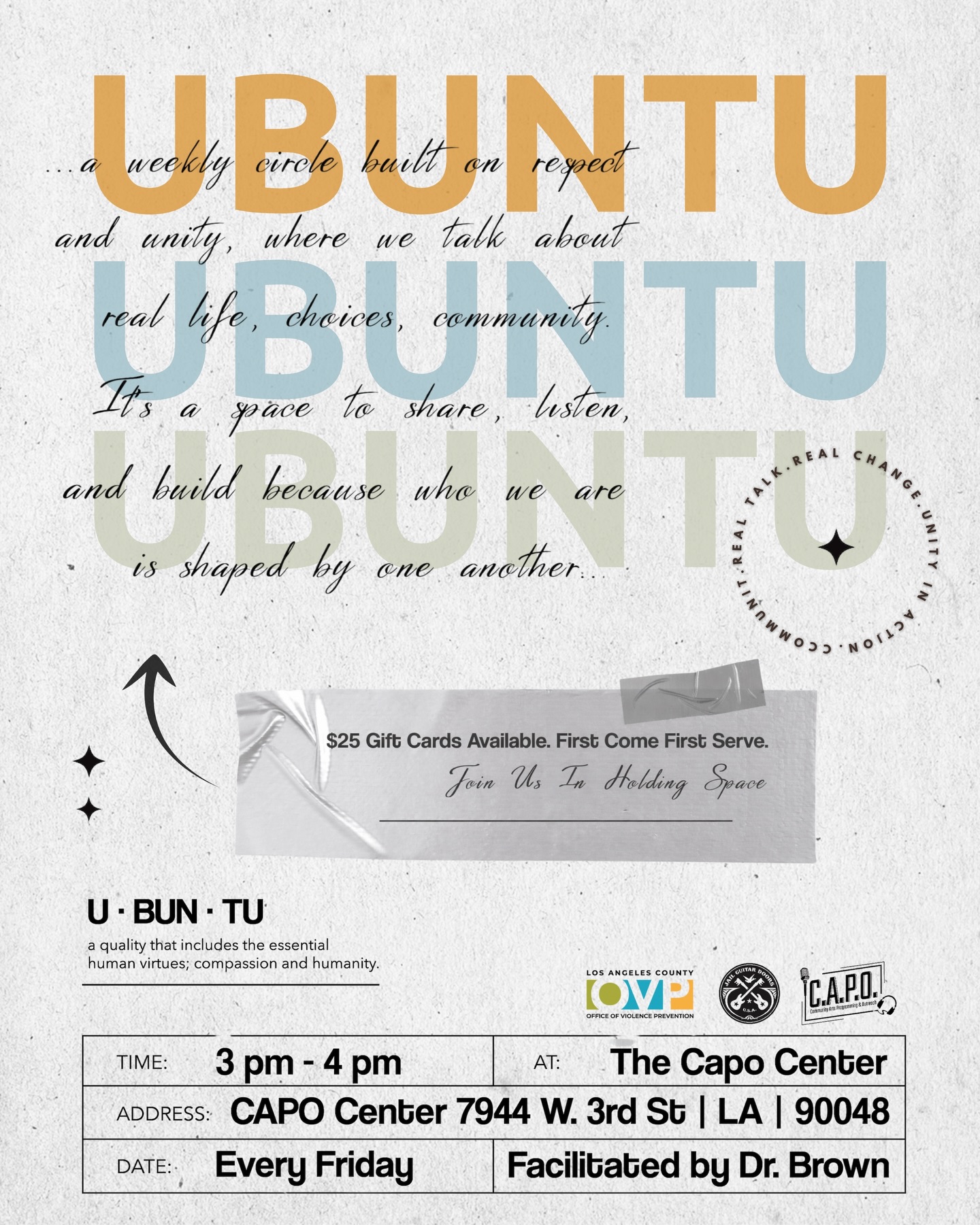 Ubuntu: I am because we are. A weekly space for real life, real talk, and real community.
Ubuntu is presented by @jaulguitardoorsusa at @thecapocenter in partnership with @lapublichealth Office of Violence Prevention (OVP)—supporting healing and addressing the root causes of violence in LA County communities.
Every Friday Fridays 3–4 PM • The CAPO Center
$25 gift cards available — first come, first served. Free and open to the community 🤍
.
.
#genderbasedviolence #lacountypublichealth #violenceprevention