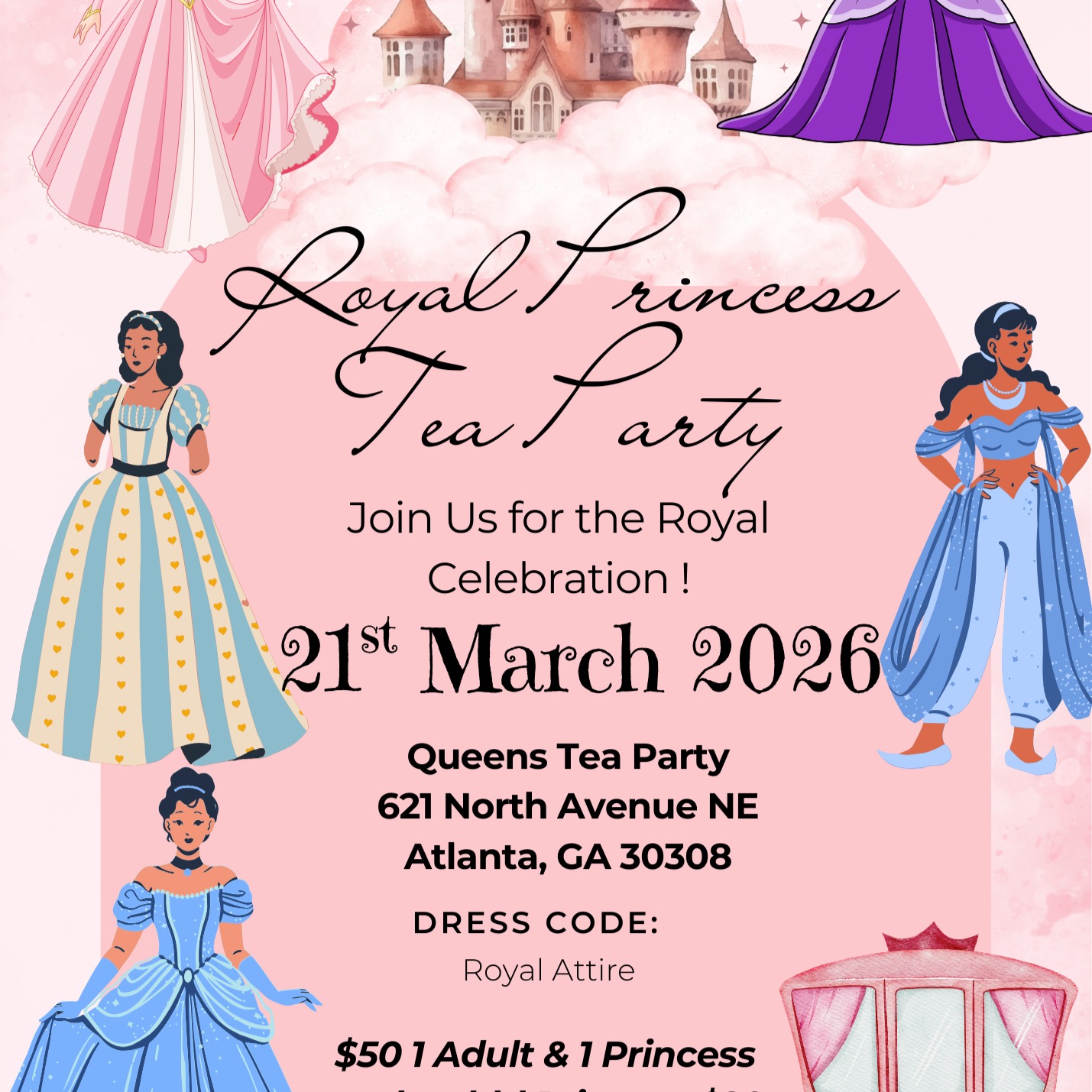 ✨ A Royal Invitation for Your Little Princess ✨
Join us on March 21, 2026 for our enchanting Princess Tea Party 👑💖
Three live fairytale princesses will host interactive activities, tea time, a magical dance party, sing-along finale, and unforgettable photo moments.
Your little one will sip tea, enjoy sweet treats, twirl in her favorite princess dress, and make core memories she’ll never forget.
🎀 Early Royal Rate: $50 (limited time)
👑 After 3/1: $70
✨ Limited seating – this event will sell out
This isn’t just a party… it’s a beautifully curated royal experience.
Reserve her seat at the Queen’s table today.