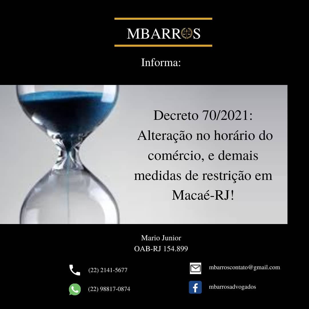 Novo Decreto amplia medidas de restrição em Macaé-RJ!
Entrou em vigor nesta 6ª feira (19/03/2021) o Decreto nº 70/2021, que amplia as medidas de restrição diante do agravamento da pandemia no Município.
Válido destacar que:
- Foi alterado o horário de funcionamento do comércio e demais atividades no município;
- Parques, quadras esportivas, campos de futebol, espaços públicos e privados de uso coletivo estão proibidos;
- A vedação também alcança as praias, sendo permitido somente caminhadas e corridas nos calçadões;
- Todas as atividades econômicas com atendimento presencial devem limitar em 50% de sua capacidade (01 pessoa por metro quadrado);
- Templos religiosos ficam limitados à 30% de sua capacidade;
- Proibido permencer em áreas públicas das 23h às 05h, o conhecido "toque de recolher" da madrugada;
Importante observar que, de forma prudente, o Prefeito de Macaé ampliou as medidas de restrição, preservando, dentro do possível, a atividade (e sobrevivência) das empresas.
Lamentável, apenas, não vermos notícias sobre ampliação (ou planos para isso) da capacidade hospitalar na capital nacional do Petróleo, com orçamento bilionário, e que atualmente conta com menos de 100 leitos de UTI covid.
O Decreto pode ser visto na íntegra no link abaixo:
http://www.macae.rj.gov.br/midia/uploads/Decreto%20070-2021.pdf
***********
Conheça-nos em: www.mbarrosadvogados.com.br
#direito
#trabalho
#empresarial
#atualização