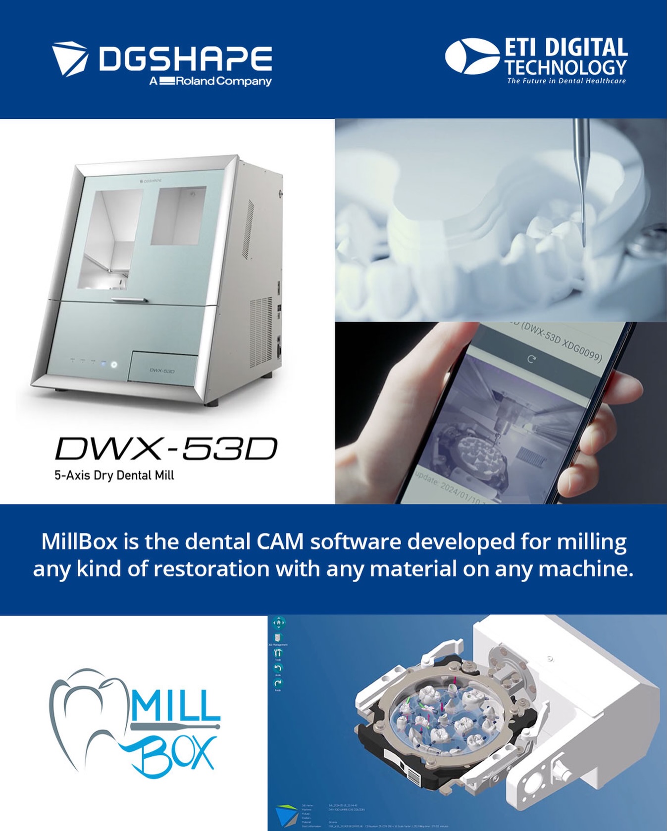 ☑️ Roland DWX-53D and Millbox CAM Software ☑️
.
⭐️ Powered by Millbox CAM Software, the DWX-53D is built to build your dental business as a PMMA and Zirconia workhorse for milling digital dentures, crown and bridge applications, and more. The DWX-53D makes your production as easy as 1,2,3...Power it on, let it go, and automatically mill jobs unattended. ⭐️
.
📚 For more information on this workhorse DWX-53D milling machine and Millbox CAM, please contact ETI Digital Technology today at 714-238-1490 or sales@etidigitaltechnology.com
#MillBox #CIMSystems #DGShape #ETIDigitalTechnology #DWX53D