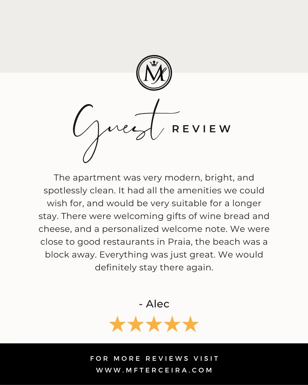 ⭐️⭐️⭐️⭐️⭐️ Our ultimate goal is to have satisfied guests!
Thank you Alec! We look forward to having you stay with us again in the near future.
Praia Da Vitoria - Azores - Portugal
www.mfterceira.com
🌊 Boutique accommodations with superior hospitality in the middle of the Atlantic Ocean offering a prime location, 2 minute walk to Praia Da Vitoria Beach. Welcoming and traditional hospitality is what we strive to provide our guests.
#terceiraazores #terceirahotel #terceiraislandairbnb #terceiraisland #terceira #Terceiraaccomadation #azoresairbnb #azoreshotels #terceiraairbnb #praiadavitoria #Portugal hotels #portugalairbnb #portugalaccomodation #Portugal #portugalhotel