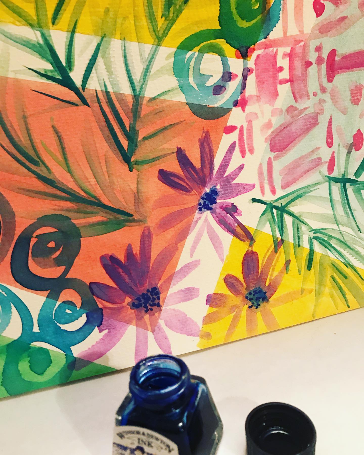 Multi layered design #color #geometric #nature #ink #windsornewton #brush.