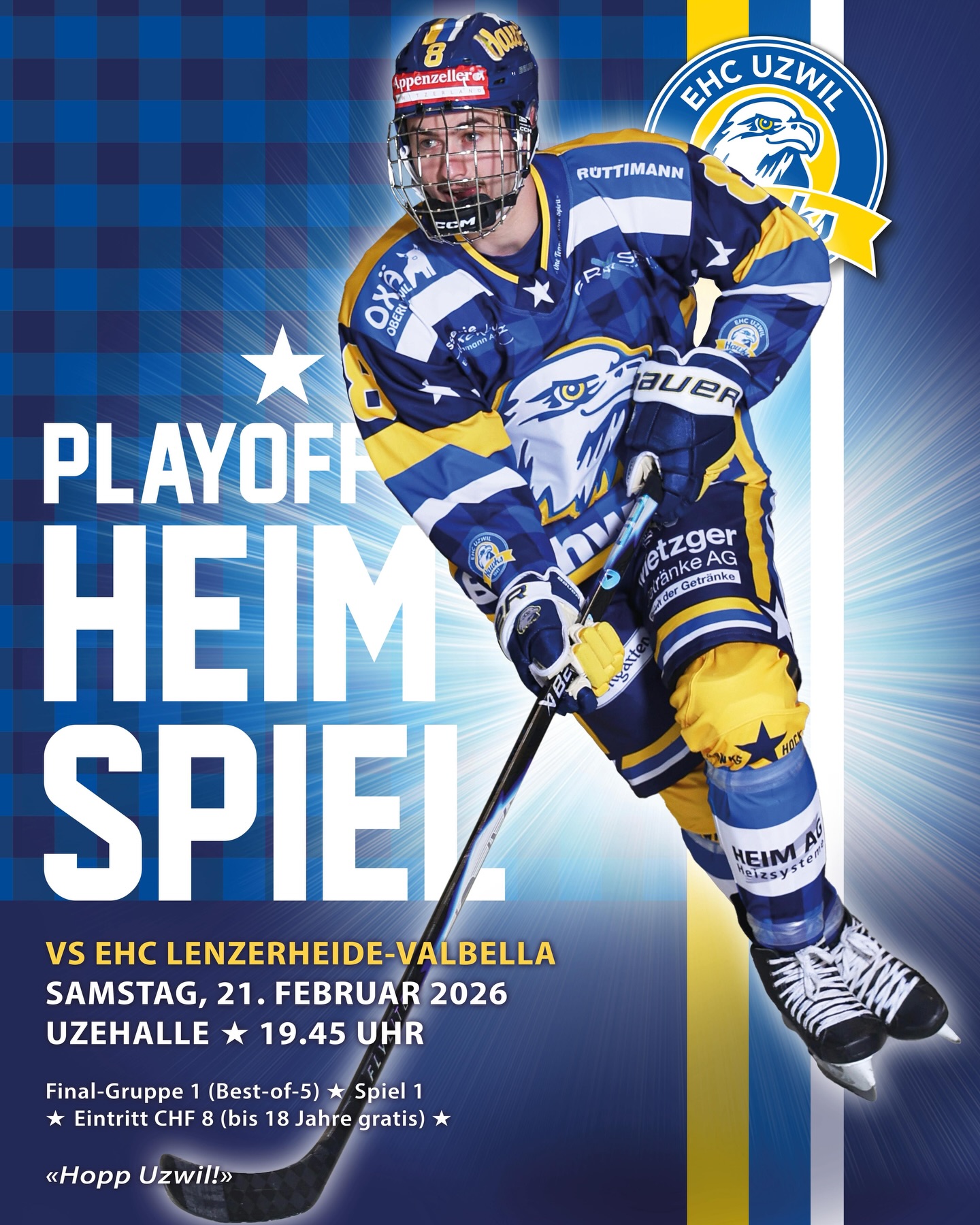 Es ist so weit! Im Finale der Gruppe 1 treffen wir auf den EHC Lenzerheide-Valbella. Das erste Spiel der Best-of-5-Serie findet am Samstag bei uns in Uzwil statt. Der Gewinner dieser Serie zieht ins Finale um den Ostschweizer Meistertitel ein. Wir freuen uns auf spannende Spiele und auf euren lautstarken Support. Hopp Uzwil!
#ehcuzwil #ehcuzwilhawks #playoffs #heimspiel #heimvorteil