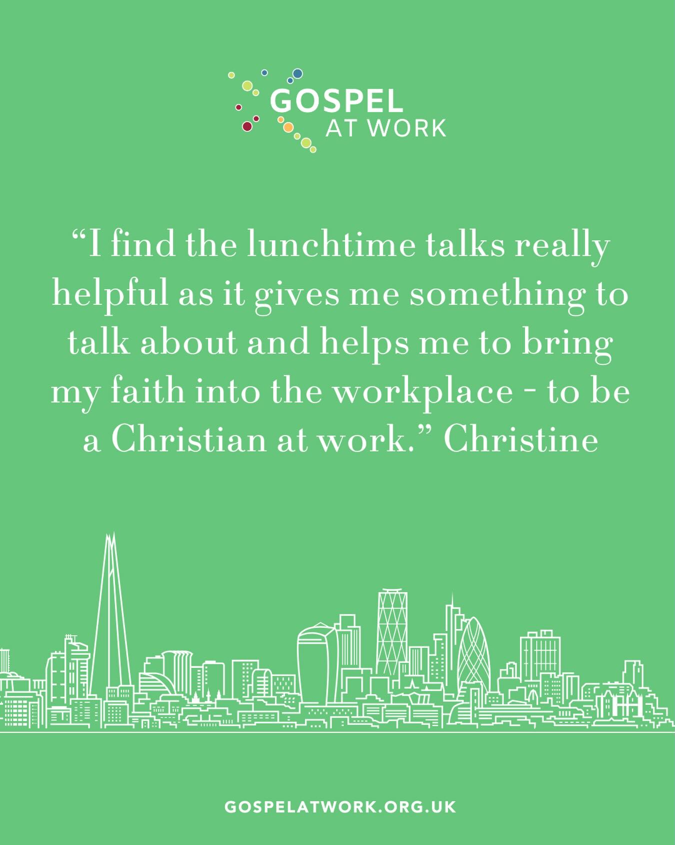 We love hearing stories like Christine’s:
“I find the lunchtime talks really helpful as it gives me something to talk about and helps me to bring my faith into the workplace - to be a Christian at work.”
Find your nearest: gospelatwork.org.uk/map
#gospelatwork #faithatwork #christianity #london #lunchbreak