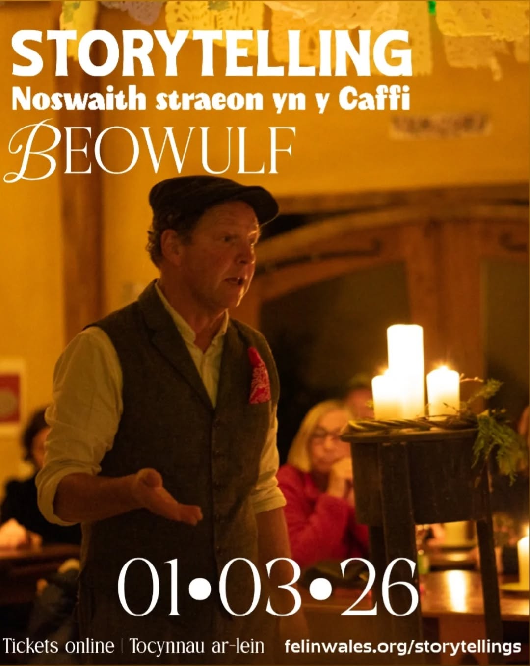 Join us in Caffi'r Felin for a candlelit evening telling of the story of Beowulf.
Ymunwch â ni yng Nghaffi'r Felin am noson yn olau'r gannwyll yn adrodd stori Beowulf.
Drysau'n agor am 6.30yh, cychwyn am 7yh.
Diodydd poeth ag oer, a chacennau cartref ar gael i brynnu drwy gydol y noswaith.
*Nifer cyfyngiedig o seddi, prynnwch eich tocyn ar-lein oflaen llaw (ni fydd tocynnau ar gael ar y drws)
Rhannwch a ffrindia a theulu!
...
The oldest written tale in the English language - a mighty hero of the Danes who comes to face evil in its many guises and so to win great renown. Dragonslayer and leader of men - the story traces his adventures from young warrior to greybeard across the Baltic lands. An epic tale through song, music, poetry, and spellbinding storytelling.
Doors open at 6.30, storytelling starts at 7pm.
Hot & cold drinks, and homemade cakes will be available to purchase during the evening.
*Limited seating, please make sure to purchase your tickets online beforehand (no tickets at the door)
The event is run as a fundraiser and by volunteers - thank you for your support.
Share with friends and family!