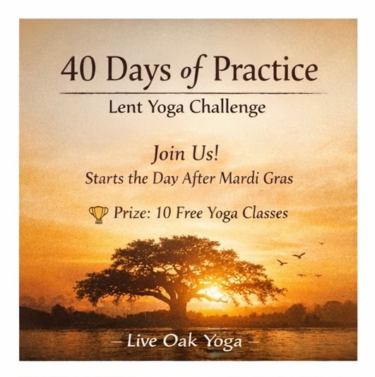 ✨ 40 Days of Practice Begins ✨
Lent is here, and we’re choosing devotion over perfection.
Join our 40-Day Lent Yoga Challenge—come to class as often as you can, reflect weekly, and reconnect with your why.
🏆 Prize: 10 free yoga classes
📅 Starts today
💛 All bodies. All levels. Week 1: Intention (Days 1–7)
Theme: Beginning with clarity
Journal Prompt:
Why am I choosing to commit to my practice right now?
What do I hope consistency will give me—not fix, but offer?
#liveoakyoganola #40DaysOfPractice #LentYoga #NewOrleansYoga #nolayogacommunity