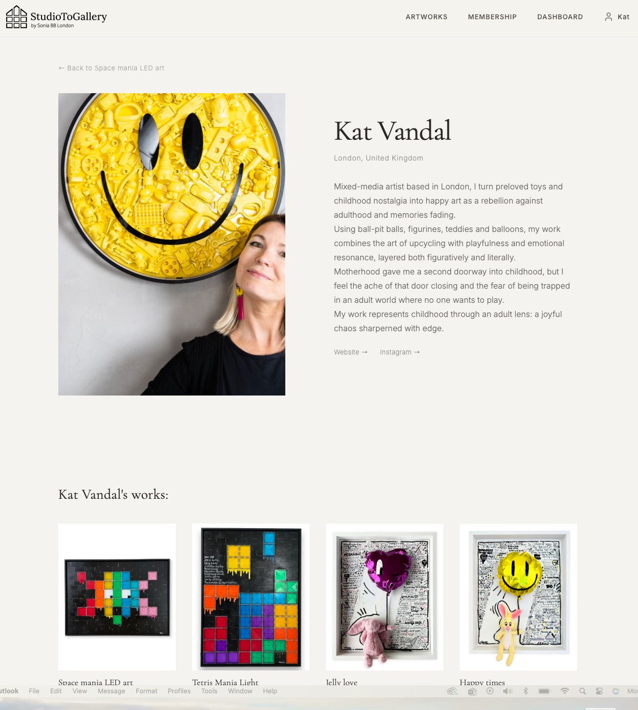 Iām super happy to share that Iāve been selected to join @studiotogallery the new curated community of artists founded by the one and only Sonia Borrel @soniabblondon
Feeling pumped after my first meeting!
Iām looking forward to learning directly from someone with a collectorās eye, and building the kind of visibility that helps the right galleries find me so I can share my Happy childhood nostalgia Art to new rooms, new walls, new collectors.
#KatVandal #studiotogallery #EmergingArtist #artcollectors #MixedMediaArtist