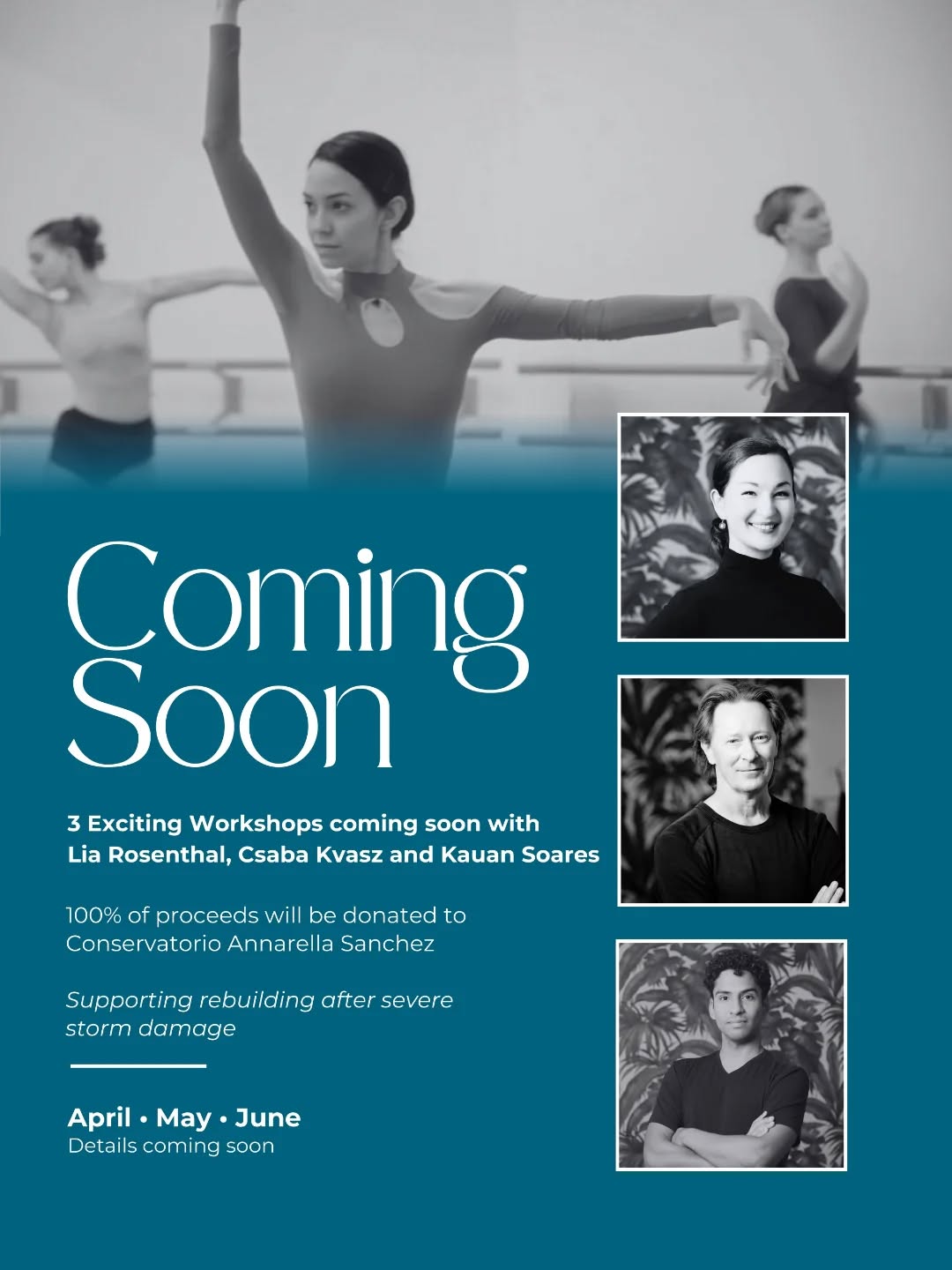 In den kommenden Monaten finden drei besondere Workshops bei uns statt!🩵
Dieses Mal geht es nicht nur um Training,
sondern auch um Unterstützung.
100 % der Einnahmen spenden wir an das Conservatório Annarella Sanchez @conservatorio_annarella , dessen Gebäude durch einen schweren Sturm sehr stark beschädigt wurde.
Tanzen verbindet. Und manchmal kann es auch helfen.🤍
🩰 Ballett-Workshop
Für erwachsene Anfänger mit Vorkenntnissen bis Mittelstufe
Fokus: saubere und präzise Technik
Mit Csaba Kvasz
📅 11. & 12. April jeweils von 15:00–16:30 Uhr
💶 62 €
💪 Floor-Barre & Conditioning
Mit Lia Rosenthal
📅 1. & 3. Mai jeweils von 13:00–14:15 Uhr
💶 58 €
🌿 Ballett & Stretching (leichte Mittelstufe)
Fokus: Flexibilität und Balance
Mit Kauan Soares
📅 4. & 7. Juni jeweils von 14:00–15:30 Uhr
💶 62 €
Wenn Du teilnehmen möchtest, melde Dich gerne an: 📧 carlstadt@rosenthal-ballett.de
Wir freuen uns auf gemeinsame Stunden im Studio!
Und darauf, mit euch etwas Gutes zu tun🤍
Engl😊👇
Very exciting charity workshop coming this Spring and Summer!☀️
We are hosting three special ballet workshops, and 100% of the proceeds will be donated to the Conservatório Annarella Sanchez, whose building suffered severe damage after a very strong storm.
Let’s dance in solidarity. Let’s support fellow dancers. And let's help rebuild a precious ballet home🫶
🩰 Workshop 1
Ballet Workshop for adult beginners with experience to intermediate level
Focus: Clean & precise ballet technique
With Csaba Kvasz
📅 11 & 12 April
⏰ 15:00–16:30
💶 62 €
💪 Workshop 2
Floor-Barre &Conditioning Workshop
With Lia Rosenthal
📅 1 & 3 May
⏰ 13:00–14:15
💶 58 €
🌿 Workshop 3
Ballet & Stretching Workshop Intermediate level
Focus: Flexibility & balance
With Kauan Soares
📅 4 & 7 June
⏰ 14:00–15:30
💶 62 €
Whether you are a passionate young dancer or an adult student refining your technique, this is your opportunity to train with quality, refine your technique, and at tge same time, support a meaningful cause.
Places are limited.
Let’s fill the studio and help rebuild a dance home. 🤍
👉 Reserve your spot now and be part of something that truly matters: carlstadt@rosenthal-ballett.de