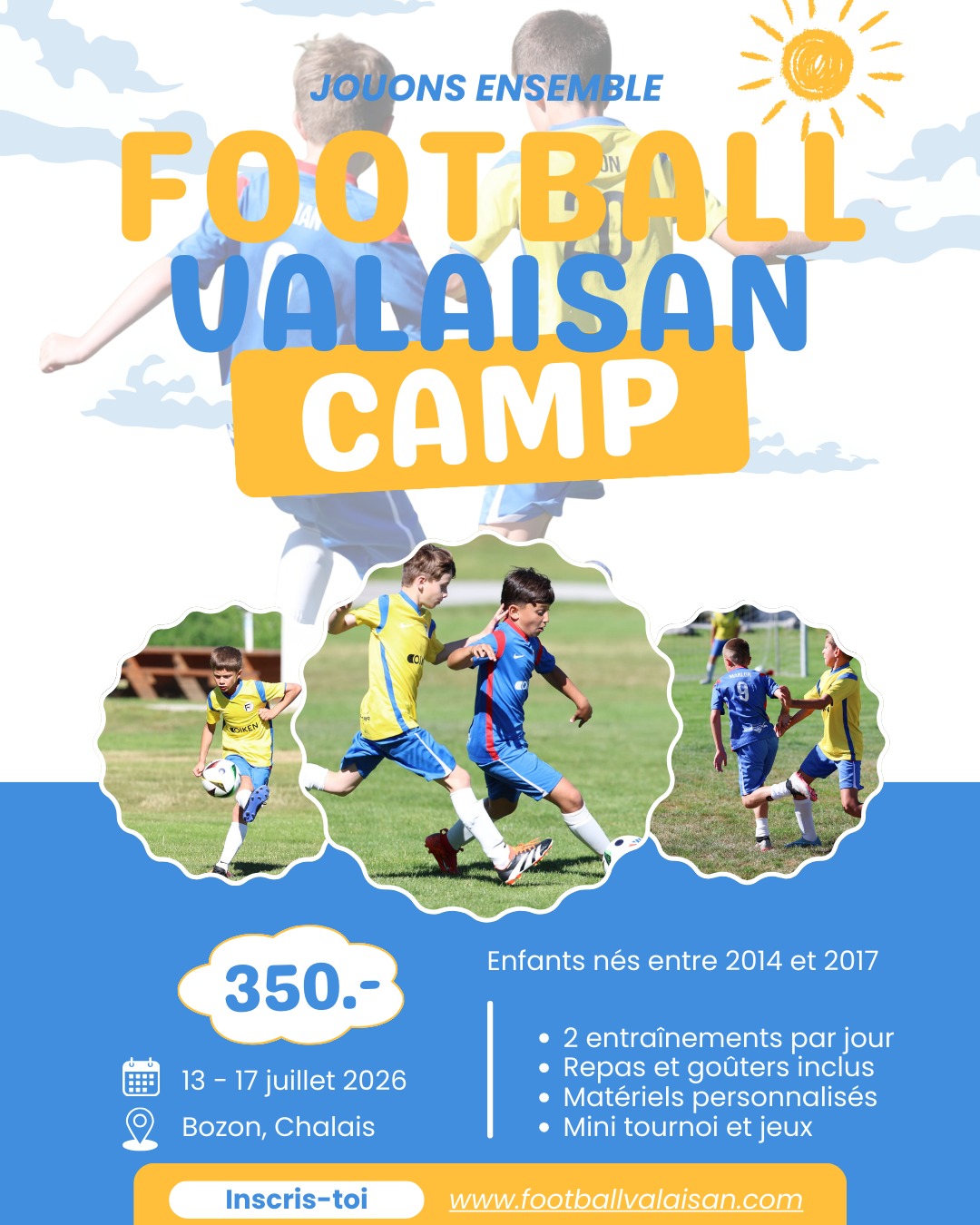 Nous avons l'immense plaisir d'annoncer notre 4ème édition du Camp Juniors Football Valaisan qui se déroulera à Chalais du 13 au 17 juillet 2026.
Pour les enfants nés de 2014 à 2017 ⚽
Inscription sur le site
https://www.footballvalaisan.com/camp-juniors
Un grand merci à la commune et au @fcchalais pour nous permettre de réitérer cet événement.
𝗔𝗯𝗼𝗻𝗻𝗲-𝘁𝗼𝗶 ➡️ @footballvalaisan ⬅️
𝗙𝗩 🔴⚪⚽
#footballvalaisan #campfv #fote #juniors #valaiswallis