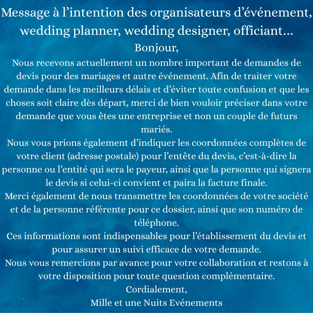 Piqure de Rappel N2.
S'il vous plait cher Wedding Planner ou organisateur de mariage ou d'événement.
Quand vous nous envoyer une demande de devis (via nos sites internet) préciser qu'y vous êtes et non comme un client avec juste le Nom et le Prénom (comme une futur marié) ces la moindre des choses, il faut que les choses soit claire des le départ Non et sa évitera les quiproquo: du genre que nous avons déjà a eu a plusieurs reprise: une marié qui à fait une demande de devis pour du mobilier sur la même date et lieu ( lieu qui était réserver).
Merci de votre compréhension
#weddingplaner #weddingplanners #organisateurdemariage #weddingdesigner