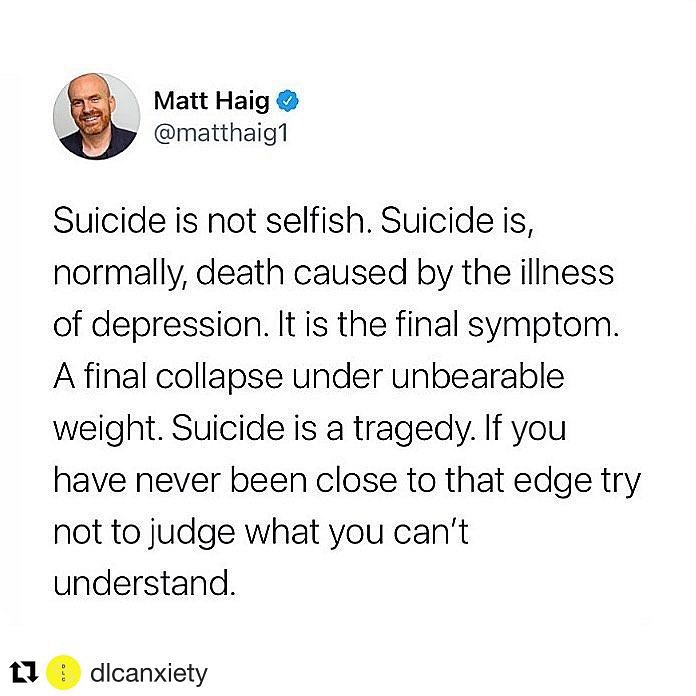 May is Mental Health Awareness Month ✌️
#Repost @dlcanxiety with @get.repost
・・・
The final symptom of a mental health illness which is often misunderstood or shamed. If you have ever been close to the edge I hear you I see you and I’m sending so much love out to you ❤️❤️
✅ share for mental health awareness month ✅
👏there is always an alternative!
⬇️⬇️⬇️
Wise words from fellow author @mattzhaig
#twloha #towriteloveonherarms #suicideprevention #suicide #suicideawarness #suicideawarenessmonth #mentalhealthawareness #mentalhealth #mentalhealthawarenessmonth #mentalhealthmonth