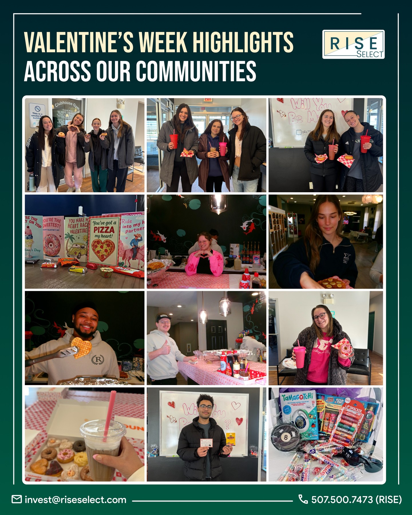 Love shows up in the little things.
This year for Valentine's Day, we set out to make everyday living feel a little more special. Through music, giveaways, Cupid scavenger hunts, and themed gatherings, our teams created meaningful moments that brought neighbors together across every Rise community.
That’s the heart of what we do at Rise.
#risecommunities #residentlife #riseselect #investwithrise #valentineweek #February #love