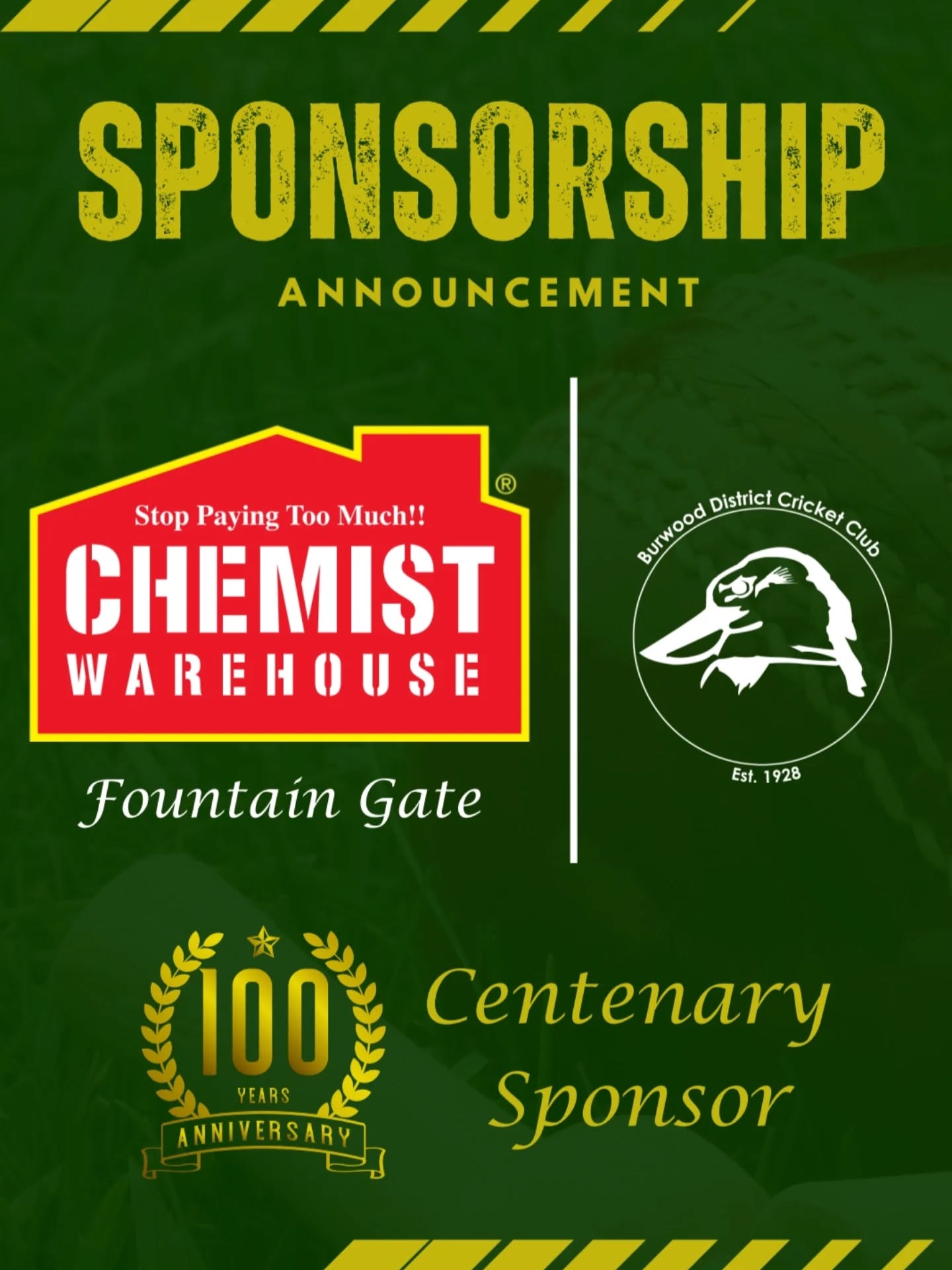 Burwood District is once again thrilled to have Bert and his team at Chemist Warehouse Fountain Gate as Centenary Sponsors for the 2025/2026 season and beyond.
The Acheen family and their dedicated staff at CW Fountain Gate and CW Westfield Fountain Gate have proudly supported the club for many years, generously providing essential supplies to help keep our players on the field throughout the season.
A trusted name across Australia, Chemist Warehouse remains a leader in the pharmacy industry, offering quality products at unbeatable prices. If you’re visiting the Fountain Gate area, be sure to drop in and say hello to the friendly team, who'll welcome you in with open arms!
We sincerely thank Bert and the entire team for their continued support and look forward to seeing both their stores and our club thrive together in the years ahead.