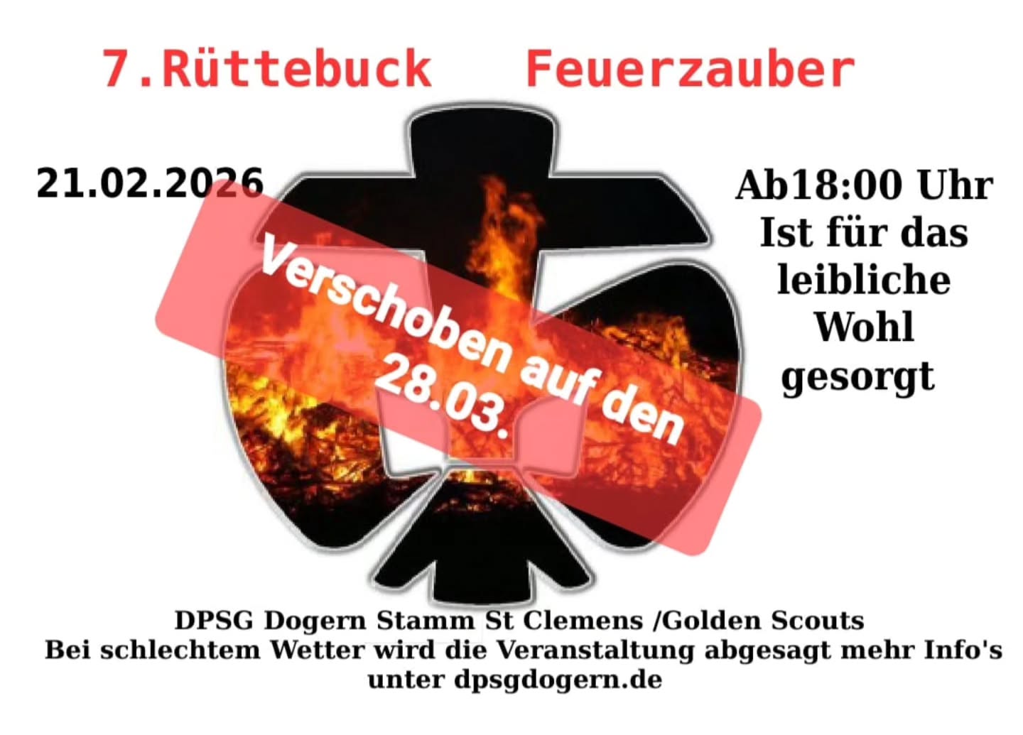 Leider müssen wir unser Rüttebuck Feuerzauber verschieben auf den 28.03.
Wir freuen uns schon viele von euch zu sehen!🥳🔥💚