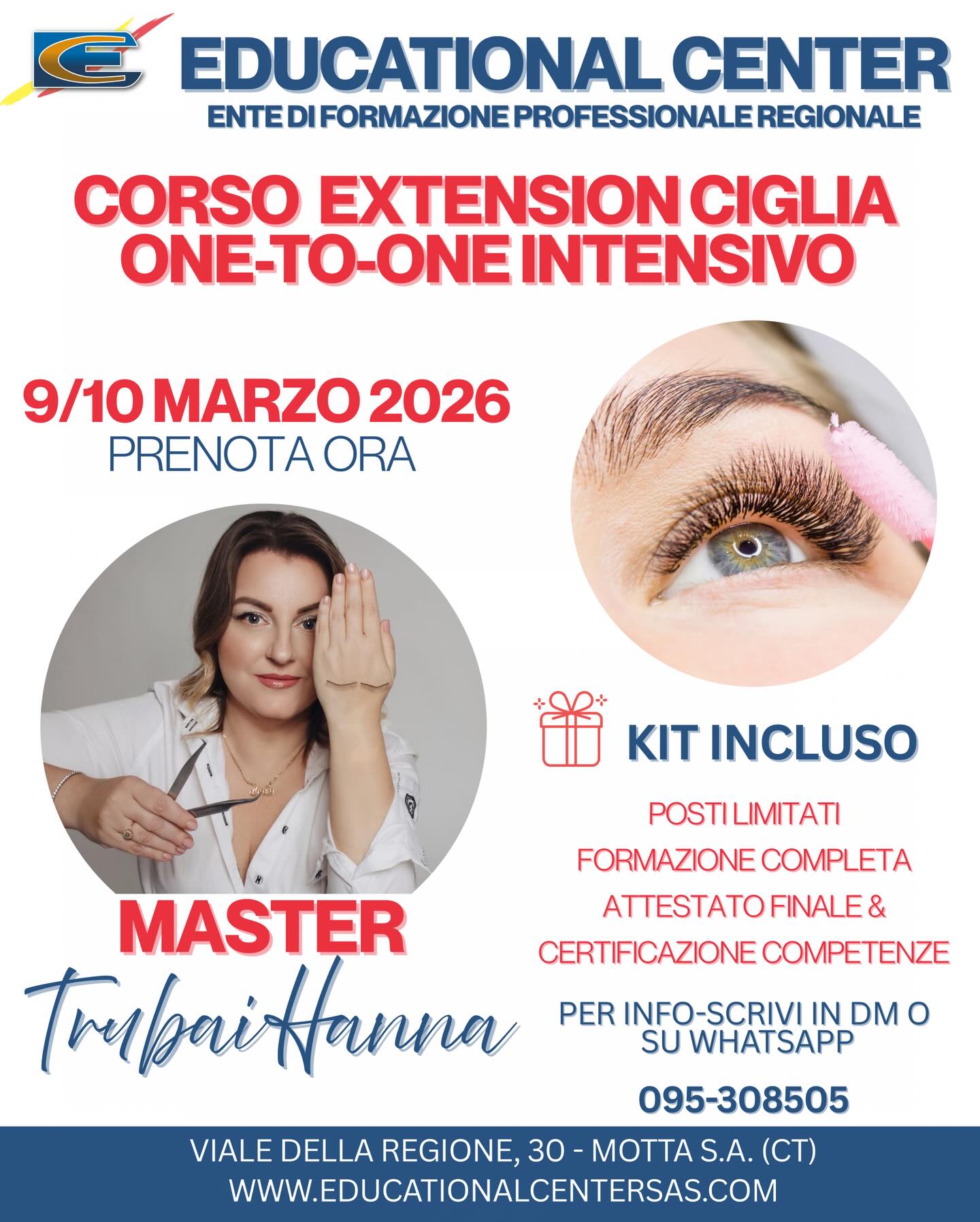💫 Corso Extension Ciglia 💫
One-to-One Intensivo
Durata corso: 2 Giorni Full Immersion in Aula
Svolgimento: Teoria e Pratica con Master Trubai Hanna @trubai_hanna ‼️ 16 anni di esperienza nel settore delle ciglia ‼️
✨Classic One-to-One
✨Effetto Bagnato
✨Volume Brasiliano
Materiale: Kit Incluso e Dispensa
Requisiti: Nessuna esperienza richiesta
Posti: Limitati
Sede: Motta Sant’Anastasia (CT)
Prezzo: scrivi per info
📜Attestato Finale & Certificazione delle Competenze
Per info scrivi in dm 💌 o su whatsapp 095308505