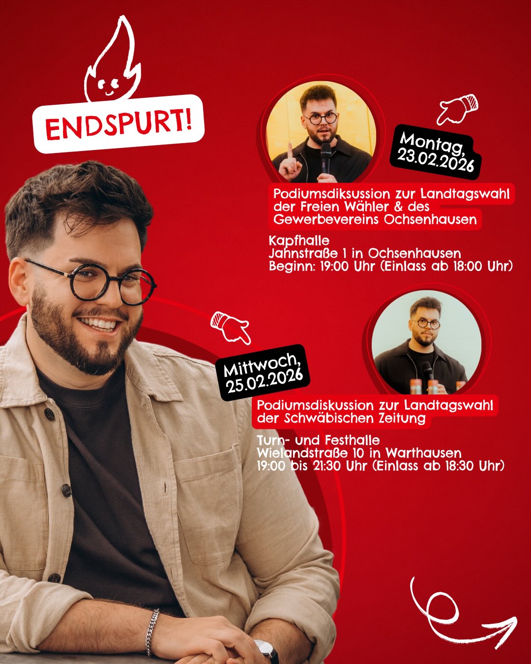 Auf in den Endspurt 🔥
Komm vorbei. Informier dich.
Weil es um dich geht!🫵🏼
Kommende Woche gibt es eine Reihe an Podiumsdiskussion. Die beste Gelegenheit, sich nochmal ein Bild über die Kandidaten zu machen 🌹
Und sonst? Sehen wir uns an den Infoständen. Reden wir 🤓
#MachaNeddSchwätza #LandkreisBiberach #LandtagswahlBW #SPD