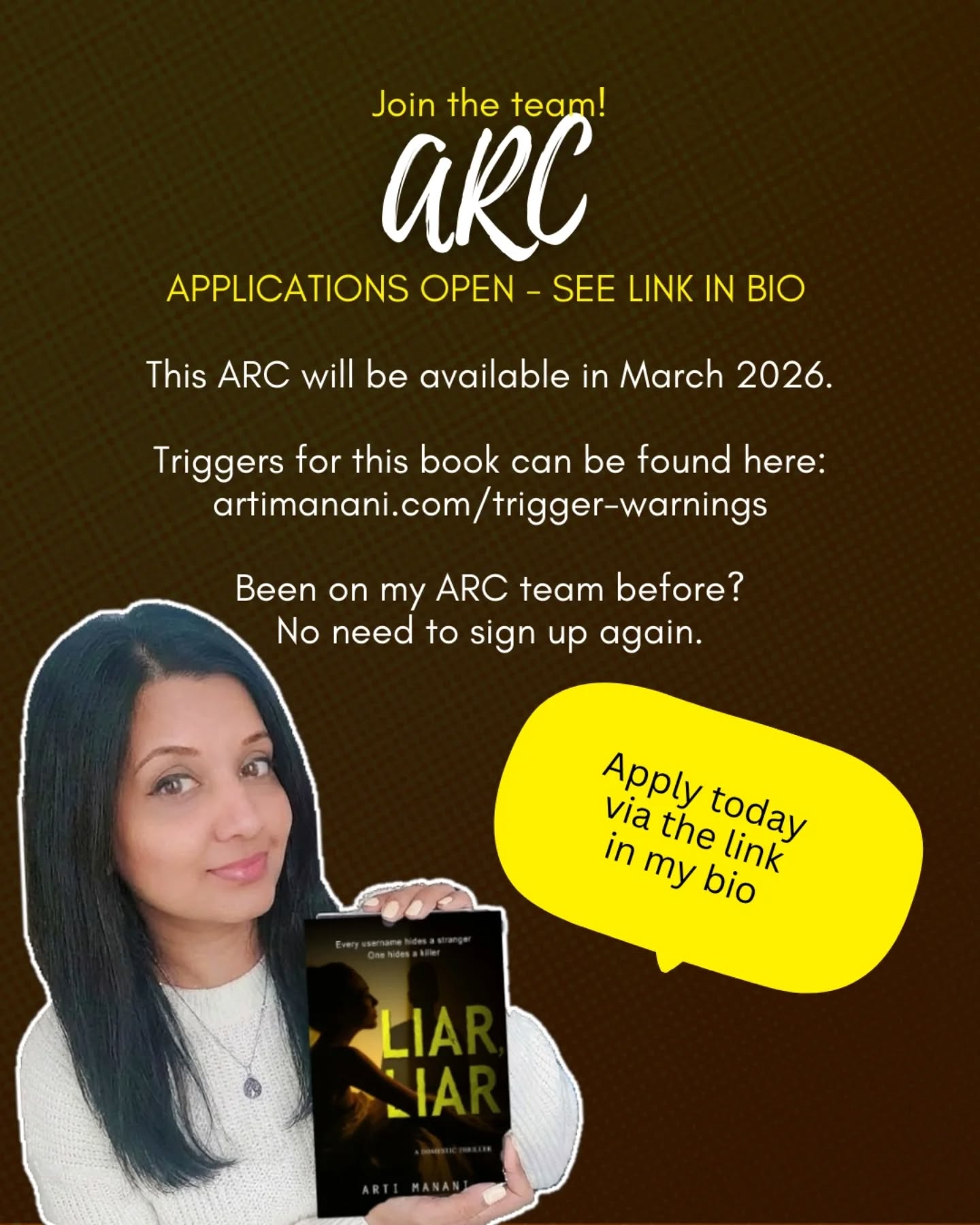 Come, join my ARC team!!
If you enjoy reading dark, domestic thrillers with a dual POV, lots of twists, secrets, and an unreliable narrator... join the ARC team!!!
Apply via the link in my bio or drop me a DM if you're interested and I'll send you the application link.
ARC releasing March 2026.
Publication late April 2026.
🖤🖤🖤