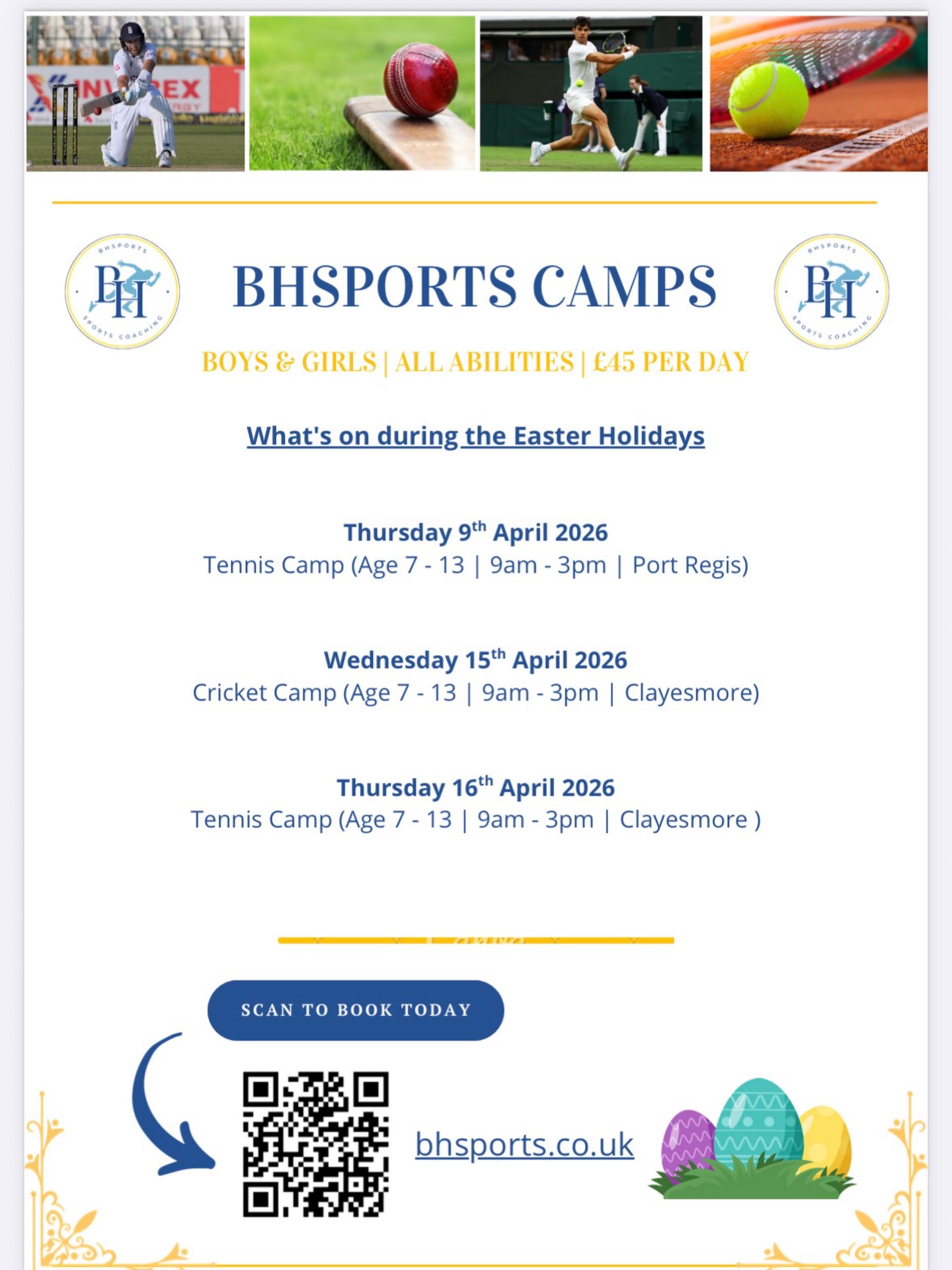 Our Easter Camp bookings are now OPEN! ๐๐ฃ
Weโve got an exciting line-up this Easter with 2 Tennis Camps and 1 Cricket Camp โ including one at our brand-new venue, @portregisschool! ๐
๐พ Thursday 9th April โ Tennis Camp
๐ Wednesday 15th April โ Cricket Camp
๐พ Thursday 16th April โ Tennis Camp
Now all we need is a bit of sunshine to kick-start the cricket and tennis seasons! โ๏ธ
โ
Led by an experienced and qualified Level 2 Coach
๐๐ป Spaces are limited
๐ For more information and to book your childโs place, click here:
https://www.bhsports.co.uk/book-online
#EasterCamps #TennisCamp #CricketCamp #BHSports #SportsCamp @clayesmore @clayesmore_sport @blandfordcc @shaftesburycricketclub @blandfordtennis @wimborne_tennis_club