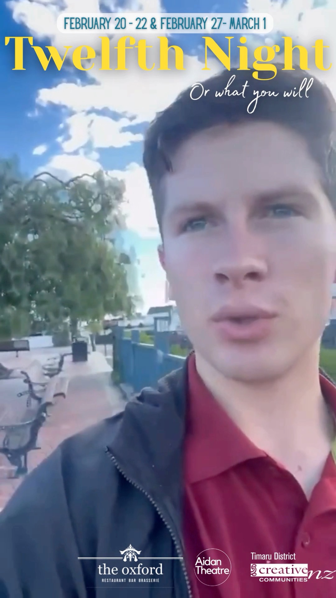 Not sure how to get to the Sound Shell?
Never fear...Maximillian Hunt (Sir Toby) is here with the official walkthroughso you can head straight to the action✨
Bring your friends and whānau, a blanket and a picnic, and choose your perfect spot on the lawn.
🌿🧺☀️🍓🥖🎭
We’ll see you there!
🎟Still haven't got your tickets yet? you can get them NOW at: https://events.humanitix.com/twelfth-night-3sp4mddm
#shakespeare #southcanterburynz #timaru #whatsontimaru #theatre