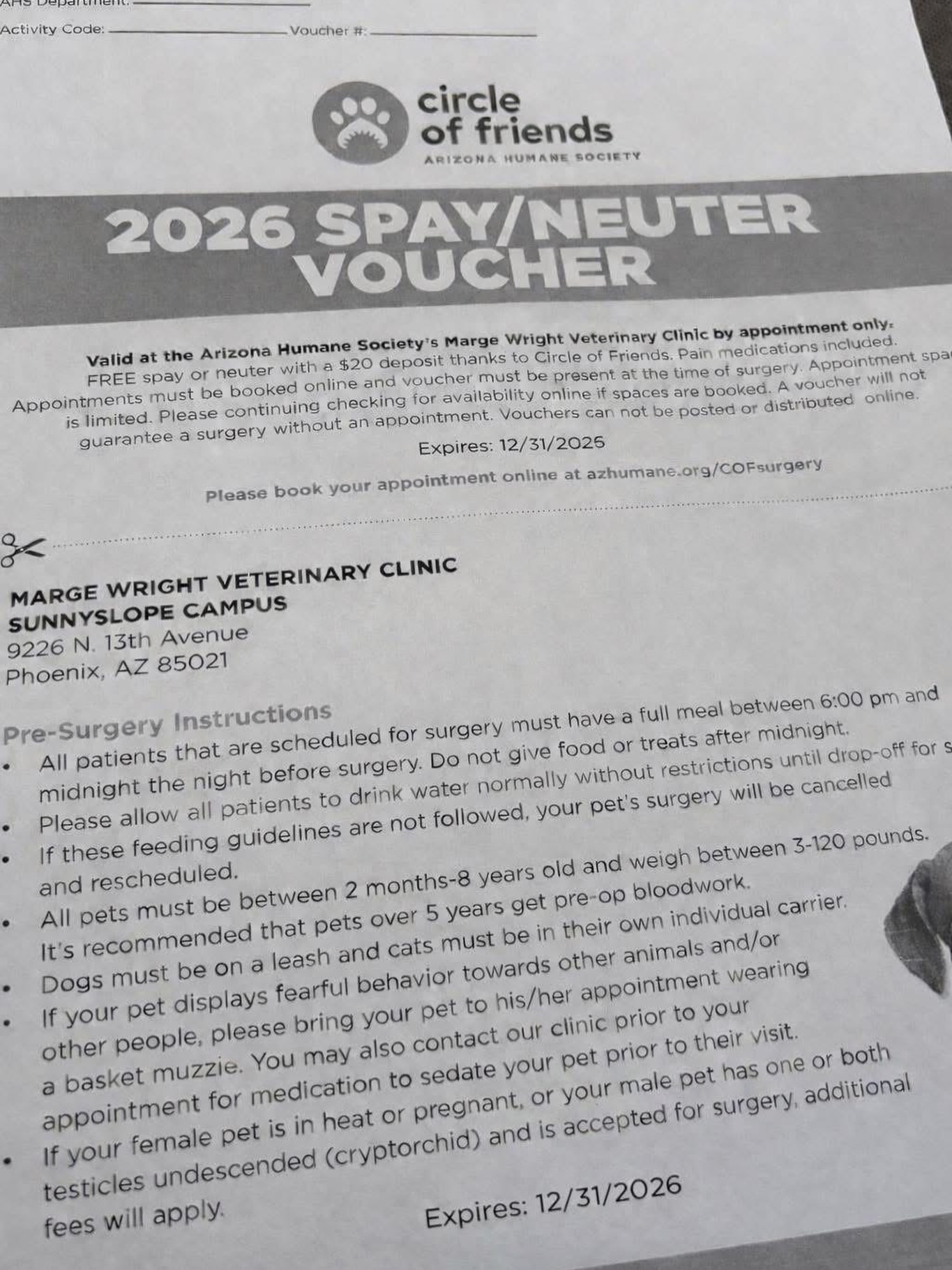 š¾ 2026 Spay/Neuter Vouchers Now Available!
You can pick up vouchers at:
š Arizona Humane Society
1521 W Dobbins Rd
Phoenix, AZ 85041
The spay/neuter procedure will be performed at their Sunnyslope location.
š² Cost: Just a $20 deposit to secure your appointment.
Great opportunity to get your pets fixed at a very low cost.