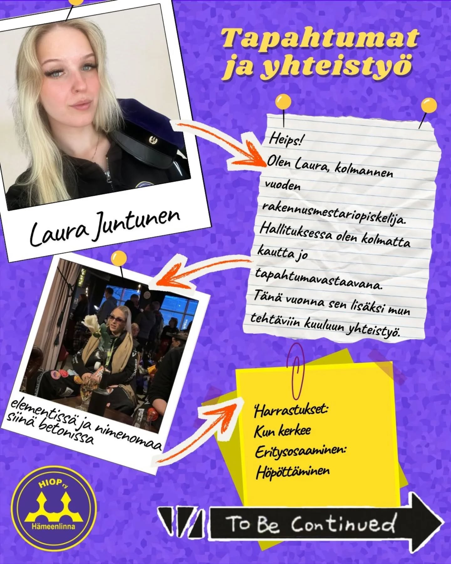 2026đ„
Hallitusesittelyt / Board introductions
Tapahtumat ja yhteistyö / Event managing and co-operation
Laura Juntunen