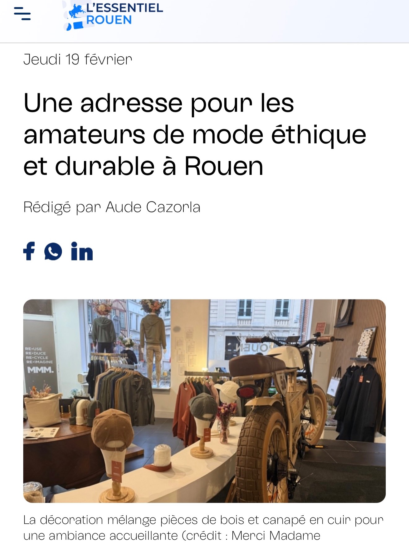 ✨ Un grand merci ✨
À @lessentiel.rouen
et tout particulièrement à Aude Cazorla,
pour ce magnifique article consacré à Merci Madame Monsieur.
Des mots justes, sensibles et sincères,
qui racontent l’histoire, l’univers et l’âme de la maison…
C’est toujours précieux de se sentir compris,
et encore plus quand cela passe par une si belle plume 🤍
Merci pour votre regard, votre soutien
et cette belle mise en lumière.
#MerciMadameMonsieur #Rouen #LEssentielRouen #MaisonMMM EntreprendreAuFéminin ConceptStore Normandie