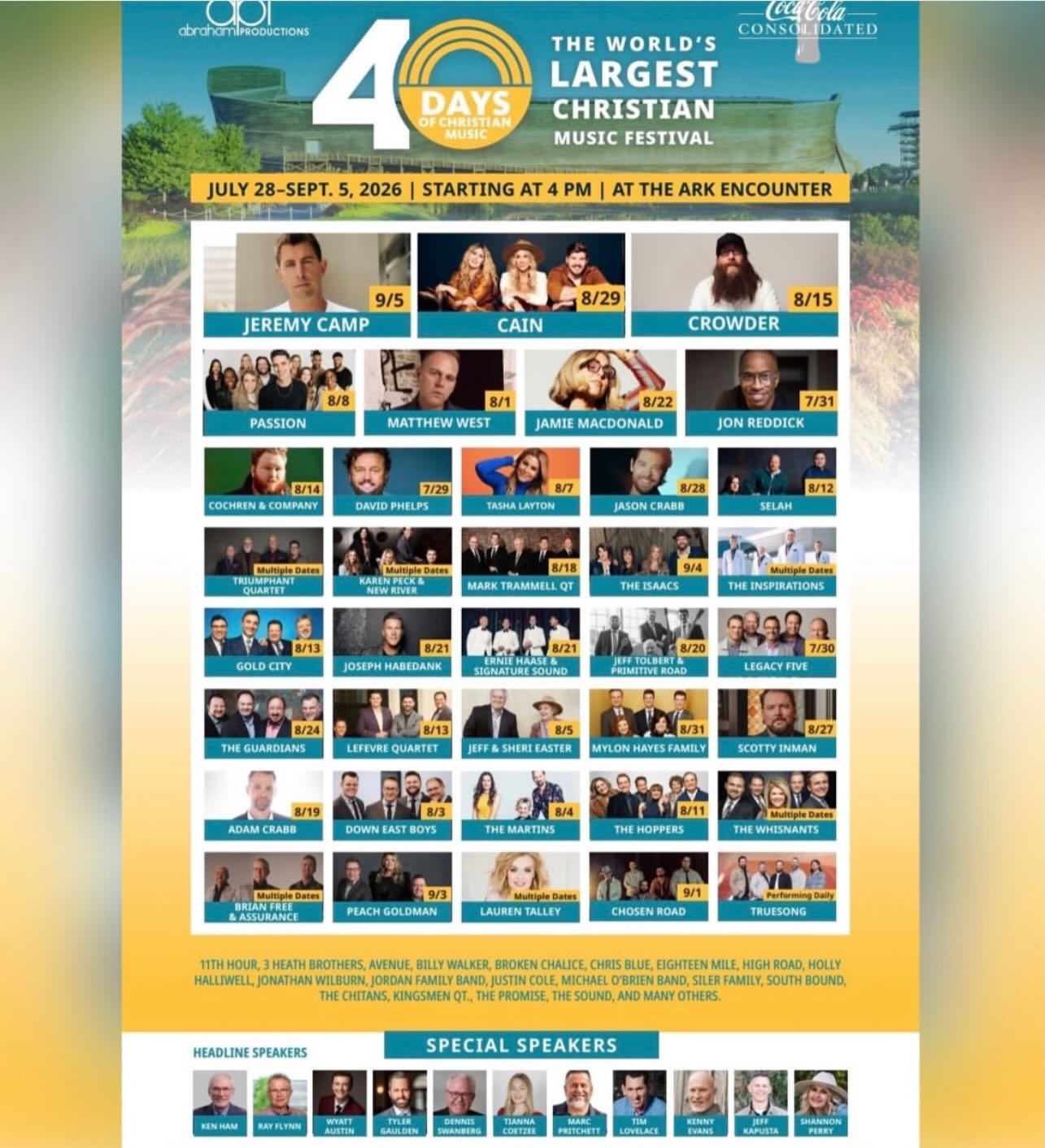 It's a true honor to be a featured speaker at the "World's Largest Christian Music Festival" this year at "The Ark Encounter" in Kentucky. The talent line-up is incredible and the experience of all the Ark has to offer is unforgettable. Make plans to be there and if you're going to be there on August 12, I can't wait to see you! #theark #thearkencounter