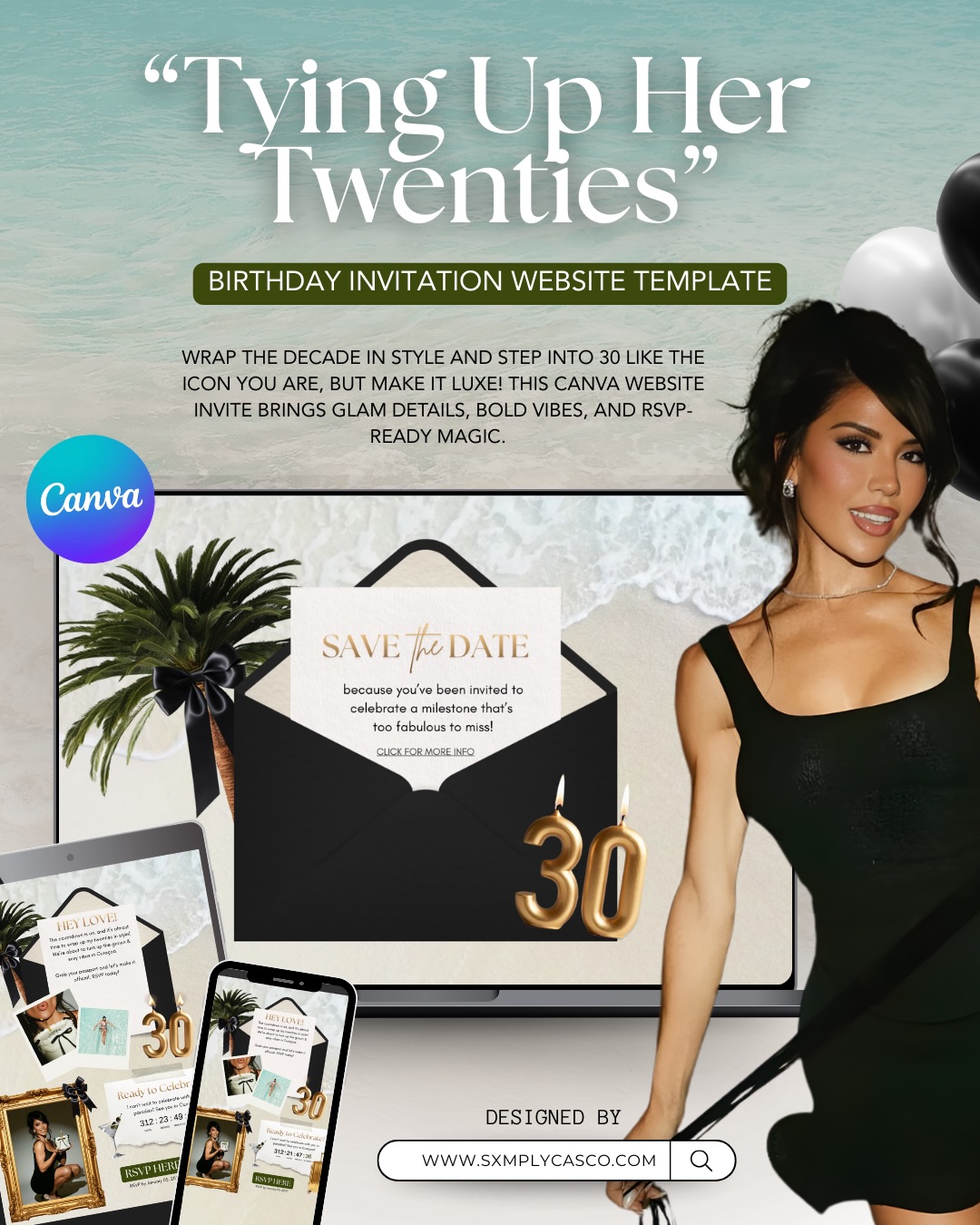 Tying Up Her Twenties but make it luxe. ✨🌴
This premade birthday invitation website template hosted on Canva is perfect for the girls stepping into 30 with glam, confidence, and RSVP-ready magic. From countdown timers to dress code details and travel vibes, everything lives in one sleek, mobile-friendly link.
The best part? It’s incredibly easy to edit, customize, and publish. Swap photos, update your details, change colors to match your theme, and launch your event website in minutes: no coding, no stress.
Skip the group texts. Send a website.
Now available at www.sxmplycasco.com
#BirthdayWebsiteTemplate #dmvgraphicdesigner #MilestoneBirthday #DigitalInvitation #CanvaWebsite