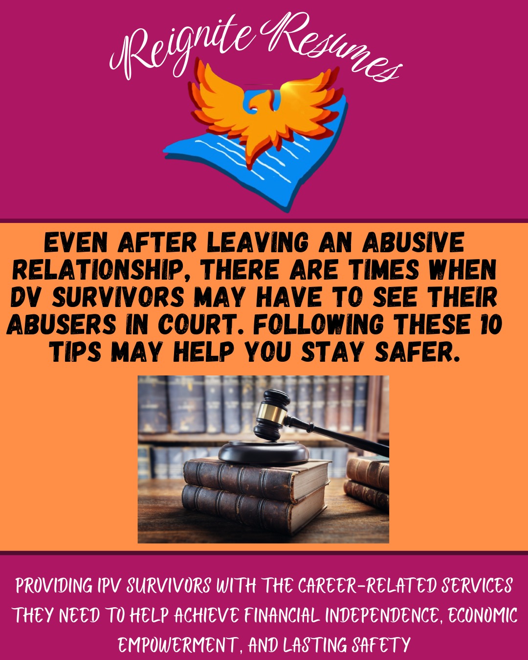 For DV survivors, having to see their abusers in court can be traumatic and potentially dangerous.
Check out our top 10 safety tips to help IPV survivors protect themselves in the courthouse.
#reigniteresumes #npo #nonprofit #youthled #femaleled #resume #resumes #recruitment #domesticviolence #ipv #youthleaders #youthleadership #jobs #careers #employment