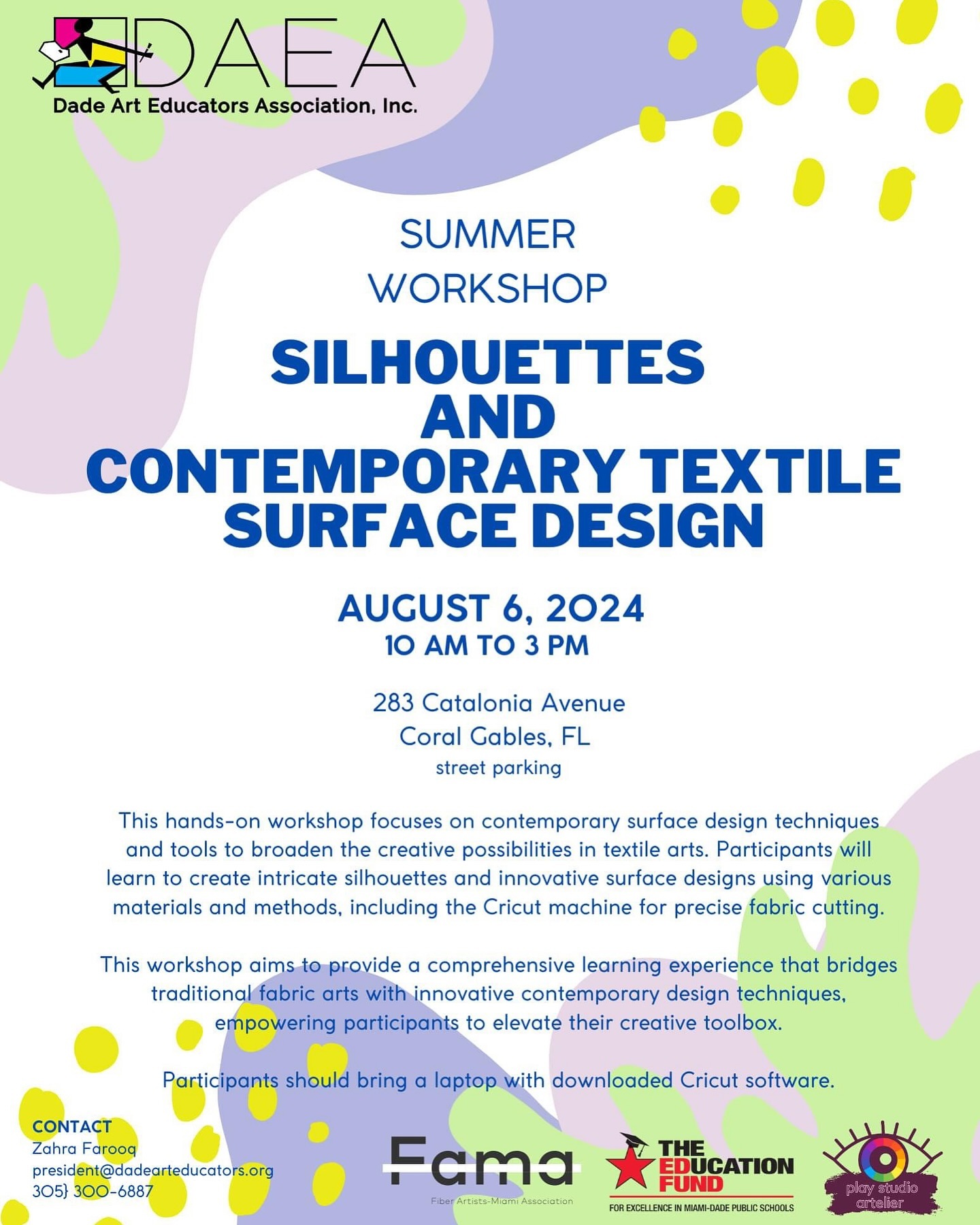 Exciting new workshop led by fiber artist Aurora Molina on textile surface design. Renew your DAEA membership today and sign up for this free DAEA sponsored workshop!