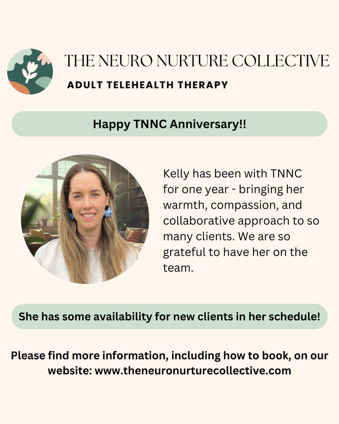 Happy TNNC-aversary to our wonderful Kelly. Our first team member to come on board when we started in 2025, leading the charge on warmth, compassion, and collaboration. She always shares such wisdom in peer supervision, has reflective insights, and supports her clients with such care. We are so grateful to have her on the team ✨
Kelly has some timeslots available (as soon as next week!), so if you have been thinking about starting therapy with someone who really gets autism and adhd, please feel to check out our website 😊