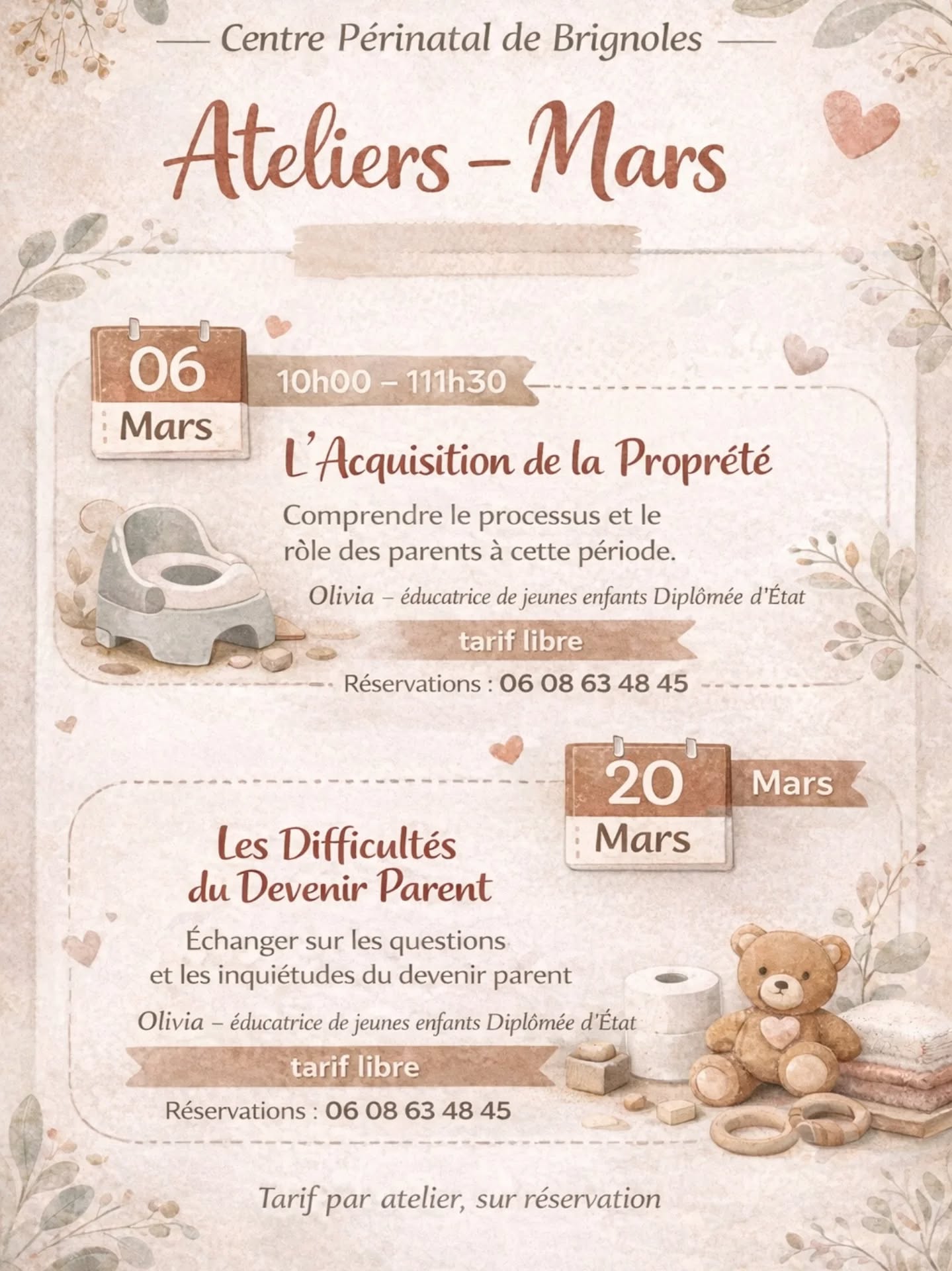 🌿 Les ateliers de mars au Centre Périnatal de Brignoles 🌿
Parce qu’on ne naît pas parent… on le devient 💛
Nous vous proposons deux temps d’échange bienveillants, sans jugement, pour vous accompagner dans votre quotidien avec votre enfant.
👶 Jeudi 6 mars — L’acquisition de la propreté
Comprendre quand votre enfant est prêt, comment l’accompagner sans pression et éviter les blocages.
🤍 Jeudi 20 mars — Les difficultés du devenir parent
Doutes, fatigue, charge mentale, inquiétudes… Un espace pour déposer vos questions et vous sentir moins seul(e).
🕙 10h00 – 11h30
👩🏫 Animé par Olivia @loasisparentale , éducatrice de jeunes enfants diplômée d’État
💫 Tarif libre (chacun participe selon ses possibilités)
👥 6 places par atelier — petit groupe pour favoriser les échanges
📞 Réservation auprès d’Olivia : 06 08 63 48 45
Au centre périnatal, on croit profondément que soutenir les parents… c’est aussi soutenir les bébés 🌸
#parentalite #jeunesparents #grossesse #postpartum #bebé accompagnementparental var brignoles parentbienveillant maternite perinatalite fatigueparentale educationbienveillante atelierparents