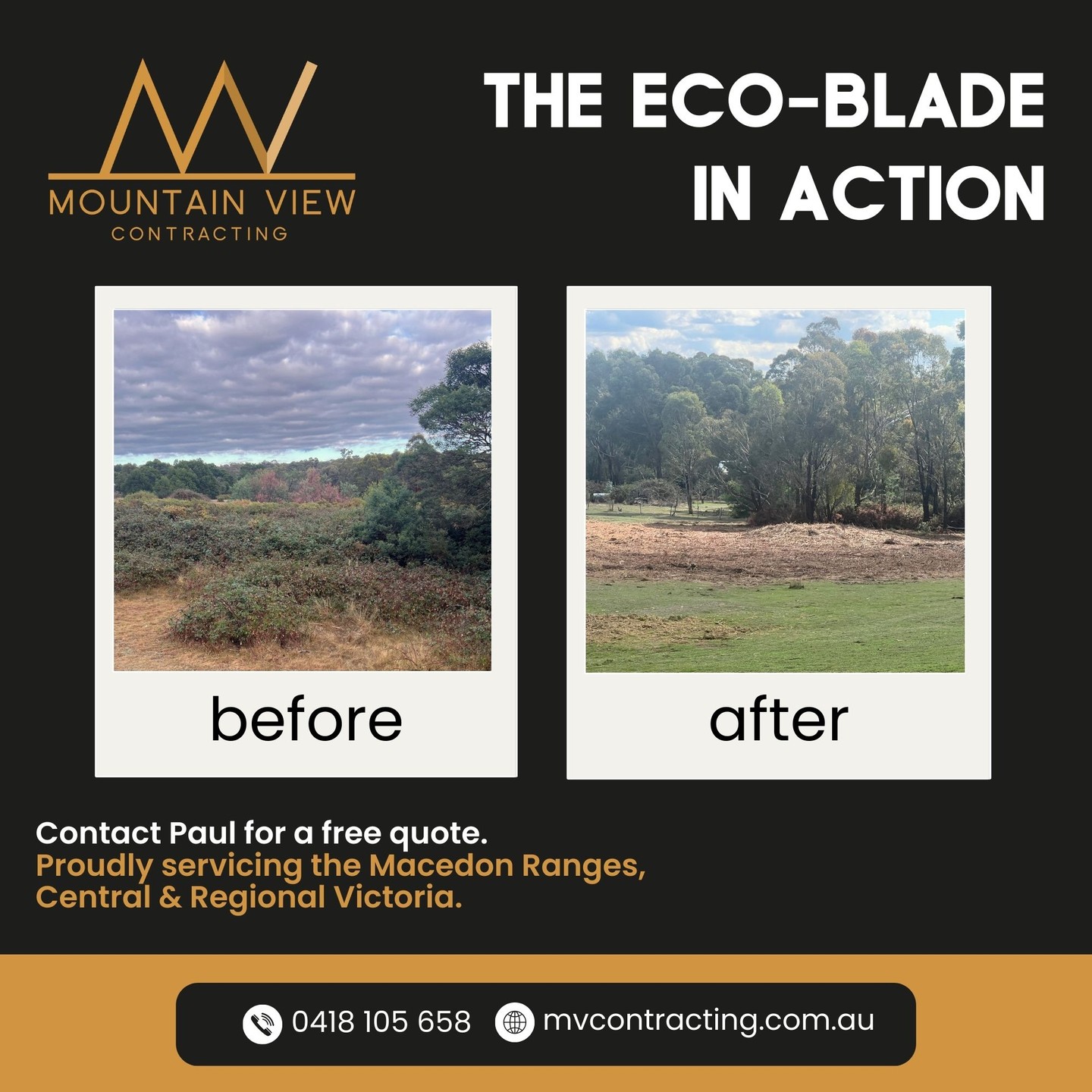 A recent call out to Elphinstone - the Eco Blade made light work of this paddock of gorse.
One important advantage of the Eco Blade is the minimised chemical drift - Most of the chemical used is contained within the Eco Blade, reducing the risk of chemical drift off target.
Contact Paul for a free quote | e: info@mvcontracting.com.au | w: http://mvcontracting.com.au
.
.
.
.
#mountainviewcontracting #mvcontracting #earthworks #gisborne #macedonranges #ballarat #mitchellshire #creswick #daylesford #trentham #glenlyon #ashbourne #tylden #lyonville #hepburnshire #mtalexandershire #harcourt #castlemaine #maldon #woodend #lancefield