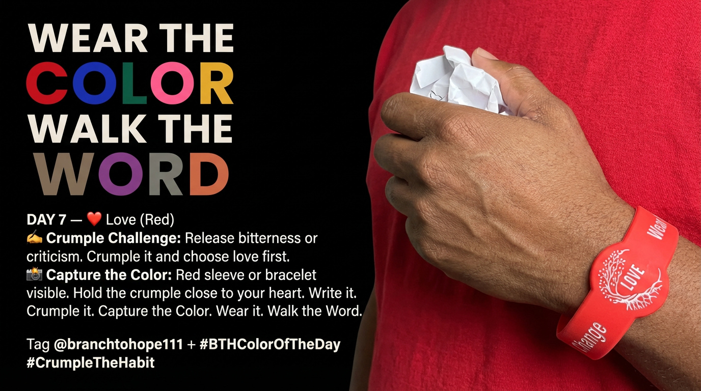DAY 7 — ❤️ Love (Red) ✍🏽 Crumple Challenge:�Release bitterness or criticism. Crumple it and choose love first.
📸 Capture the Color:�Red sleeve or bracelet visible. Hold the crumple close to your heart. Write it. Crumple it. Capture the Color. Wear it. Walk the Word.�Tag @branchtohope111 + #BTHColorOfTheDay #CrumpleTheHabit #Lent #LentSeason
Start Your Lent Journey HERE: https://www.branchtohope.app/bth111lentjourney