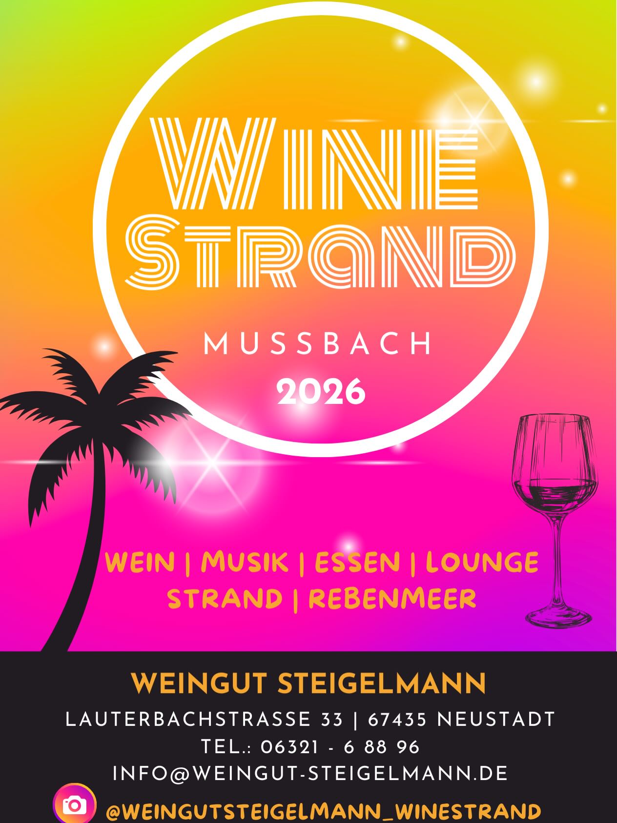 2026 - Sommerfeeling, Sundowner-Vibes & richtig gute Laune ☀️☀️☀️
Freut euch auf genussvolle Abende mit leckeren Weinen & Cocktails von uns, einem wechselnden Essensangebot und tollen Unterhaltungen.
🥂🍹🍕🎶
Rebenmeer, Sonnenuntergang, ein kühles Glas Wein in der Hand – und einfach den Moment genießen. 💛
Kommt vorbei, bringt eure Lieblingsmenschen mit und erlebt unvergessliche Abende bei uns im Weingut Steigelmann in Mußbach.
Dieses Jahr haben wir wieder viele tolle Überraschungen für euch!! - Stay tuned -
🪩 @yannisponce
🎤Dubbeglasbrieder
🍕 @marcobergantino_o
👾 @pfaelzerschorlepong
💇♀️ @studioc
💃 @markusdegurk
🕺 @alexander.poth.52
🍜 @schneidersfoodtruck67663
🎸 @_georgsgr_
🎶 @thepineapplejukebox
Wir freuen uns auf euch 💜💜💜
#winestrandmussbach #weingutsteigelmann #sommervibes #weinliebe #genussmomente