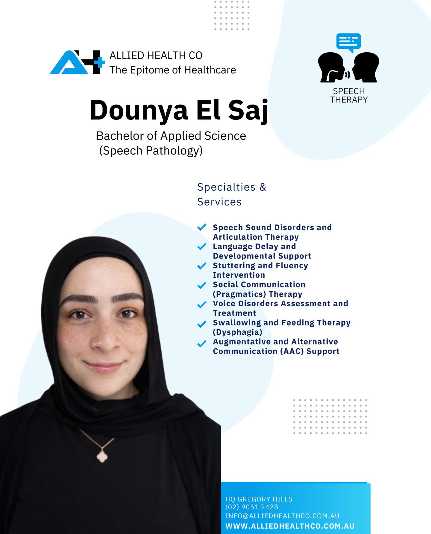 Please join us in welcoming Dounya El Saj to the Allied Health Co family 🤍✨
Dounya is a passionate and dedicated Speech Pathologist with a Bachelor of Applied Science (Speech Pathology), bringing expertise in:
✔️ Speech sound & articulation therapy
✔️ Language delay & developmental support
✔️ Stuttering & fluency intervention
✔️ Social communication (pragmatics)
✔️ Voice disorders
✔️ Swallowing & feeding therapy (dysphagia)
✔️ AAC support
We are so excited to have her supporting our Gregory Hills community and helping children and families achieve confident communication.
Spots are limited — secure your appointment today.
📍 Allied Health Co, Gregory Hills
📞 02 9051 2428
🌐 www.alliedhealthco.com.au/bookings
#AlliedHealthCo #SpeechPathology #GregoryHills #NDISProvider #SpeechTherapy EarlyIntervention AlliedHealthSydney