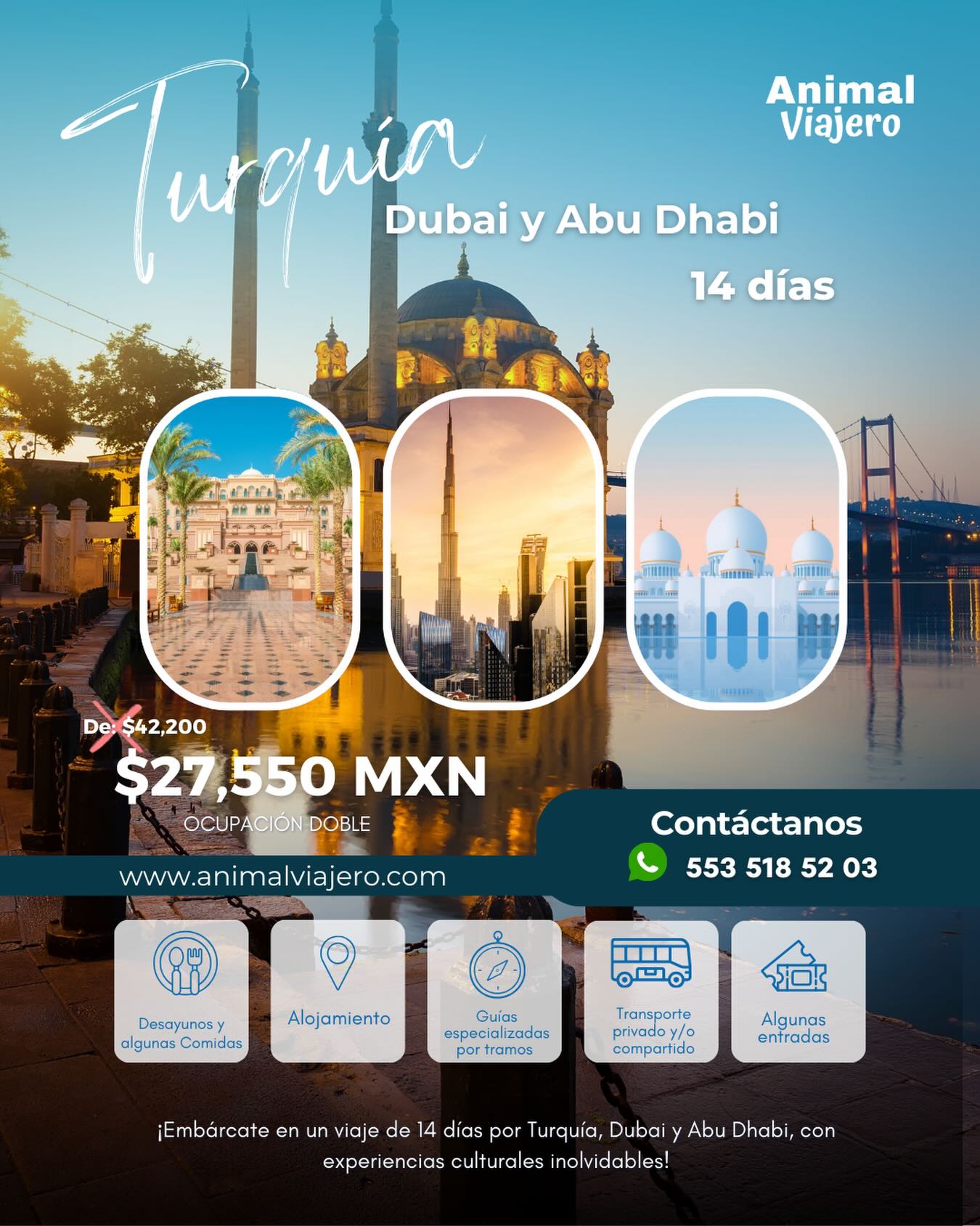 Descubre la magia de Turquía, donde Oriente y Occidente se encuentran entre mezquitas, bazares y paisajes de ensueño.
Vive el lujo y la modernidad de Abu Dhabi, con su arquitectura imponente y cultura fascinante. ❤️🔥
Un viaje que combina historia, lujo, tradición y aventura en una sola ruta.
¿Estás listo para cruzar continentes y vivirlo con Animal Viajero? ✈️🌍
Reserva tu lugar y prepárate para una experiencia que no se cuenta… se vive.
#animalviajero #viajesporelmundo #viajesaturquia #agenciadeviajescdmx